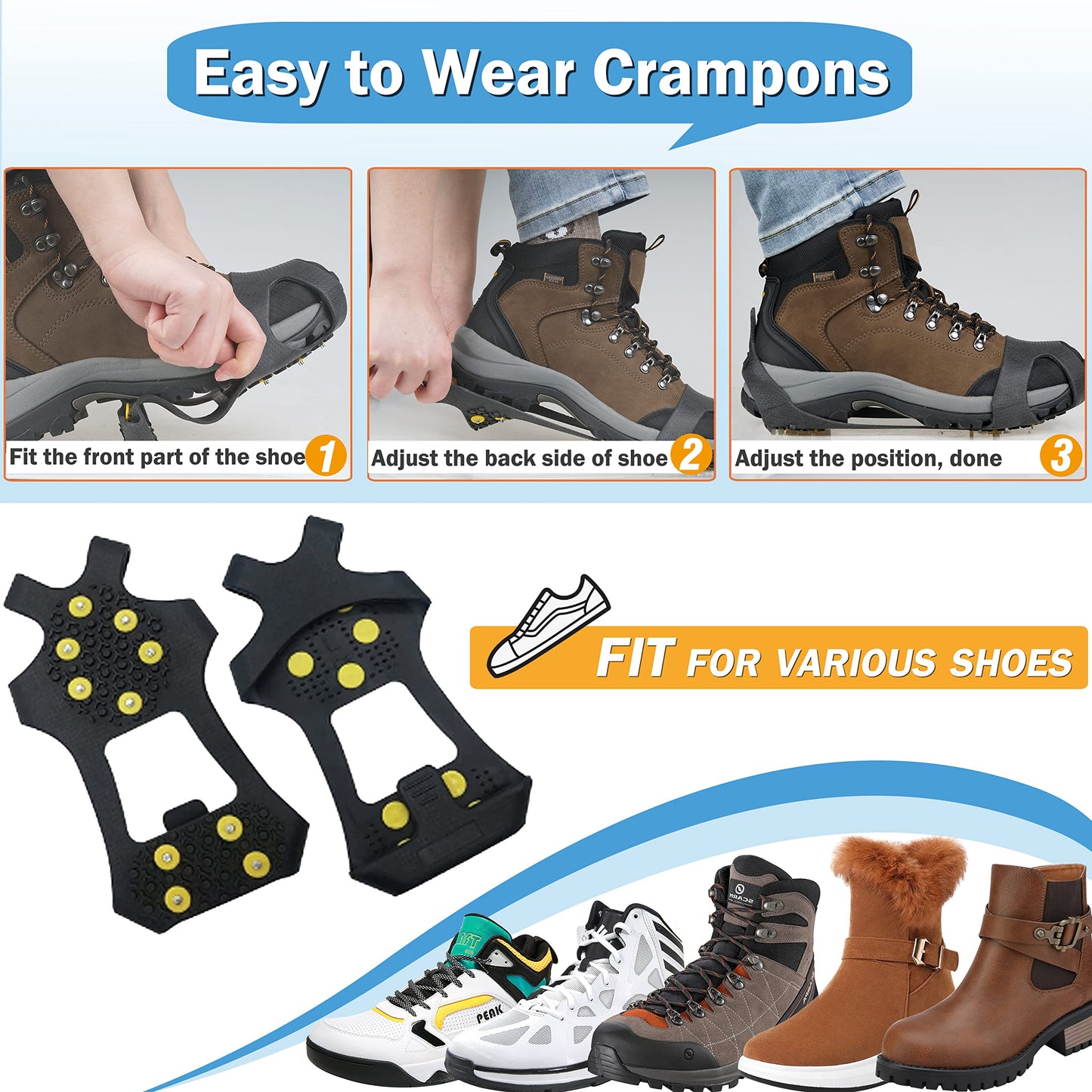 Ice Cleats Snow Traction Cleats Crampons for Shoes and Boots Anti Slip Rubber Snow Cleats Overshoe Footwear Protable Grippers for Walking on Snow and Ice Men Women Hiking Climbing Ice Fishing