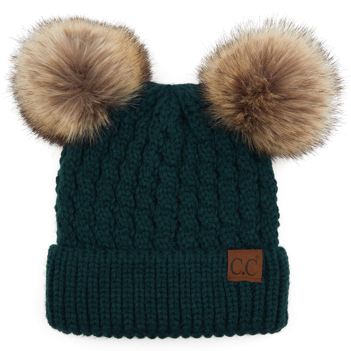 C.C Hatsandscarf Exclusives Natural Double Pom Pom Cable Knit Winter Beanie (HAT-2055) (Deep Pine-Natural Pom)