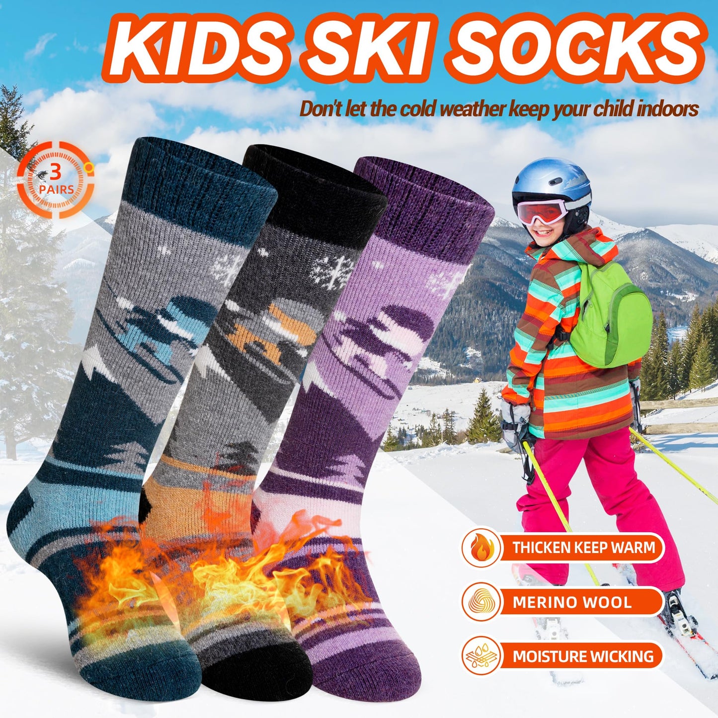 SeeyAN Kids Ski Socks Merino Wool Thermal Winter Socks Boys Girls Warm SnowBoarding Thick Skiing Socks 3 Pairs (Purple/Grey/Blue, 4-7 Years)
