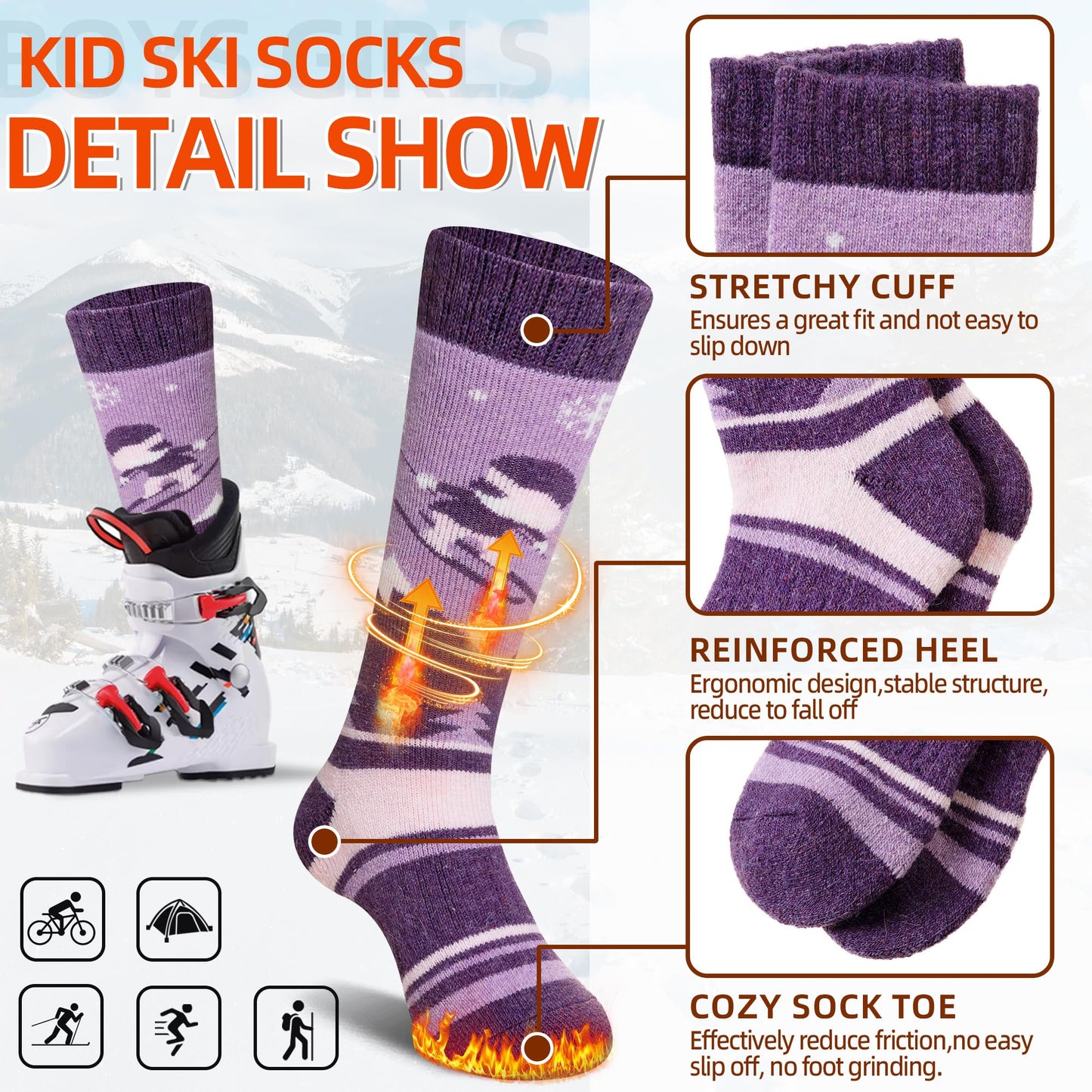 SeeyAN Kids Ski Socks Merino Wool Thermal Winter Socks Boys Girls Warm SnowBoarding Thick Skiing Socks 3 Pairs (Purple/Grey/Blue, 4-7 Years)