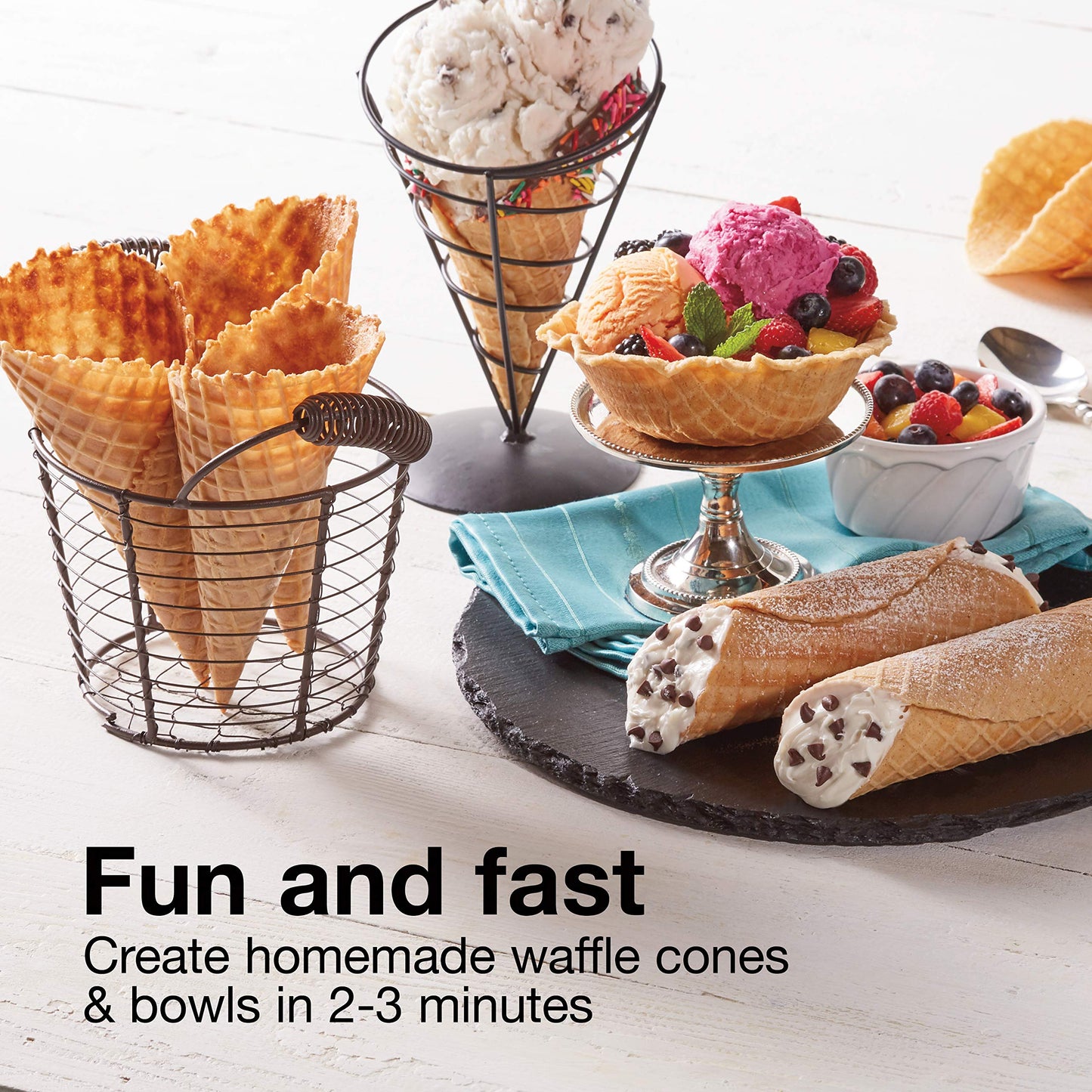 Proctor Silex Waffle Cone and Ice Cream Bowl Maker with Browning Control, Shaper Roller and Cup Press, 7.5” PFAS-Free Nonstick Plates, White (26410MN)