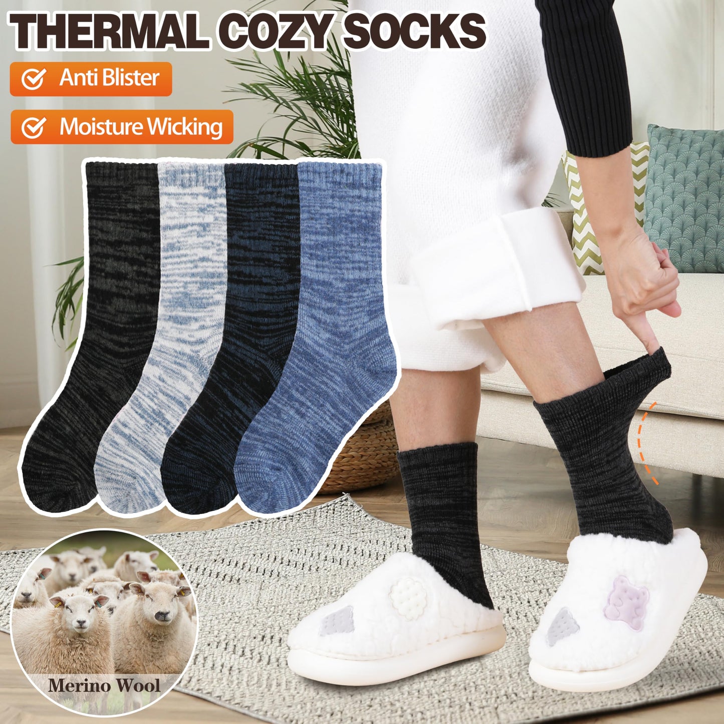 EBMORE Merino Wool Thermal Warm Socks for Women Men Thick Winter Hiking Cozy Crew Comfy Gifts Socks 4 Pairs Stocking Stuffers(Blue/White/Black/Black Blue, M)