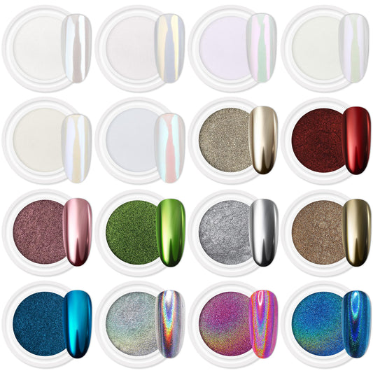 Artdone 16Jars Chrome Nail Powder Magic White Pearl Kit Mirror Effect Silver Metallic Holographic Dip Nail Powder For Resin Craft & Nail Art Fimo, Decoration Iridescent Aurora Mermaid Pigment