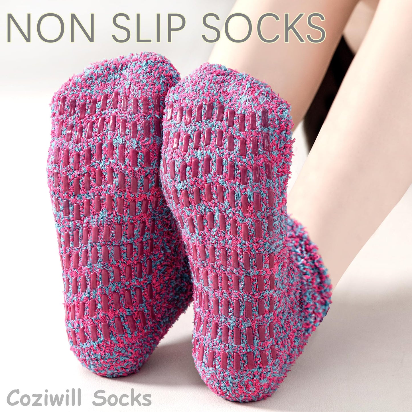 Slipper Socks Women Fuzzy Socks with Grips Men Warm Winter Non Slip Hospital Socks 5-10 Youth Home Cozy Grip Ankle Socks 5 Pairs (B-Mixed Colors)