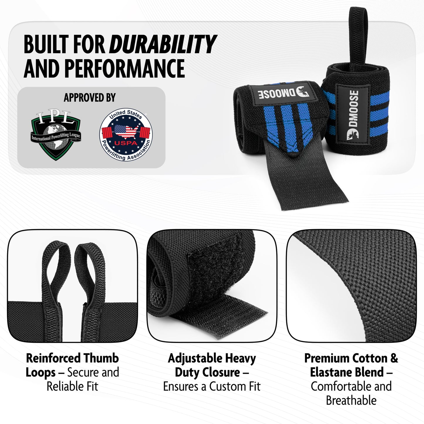 DMoose Weightlifting Wrist wrap 12 and 18 Inches Thumb Loops with Wrist Support for Workouts Powerlifting Wrist Straps for Weight Lifting Men and Women Blue Stripes