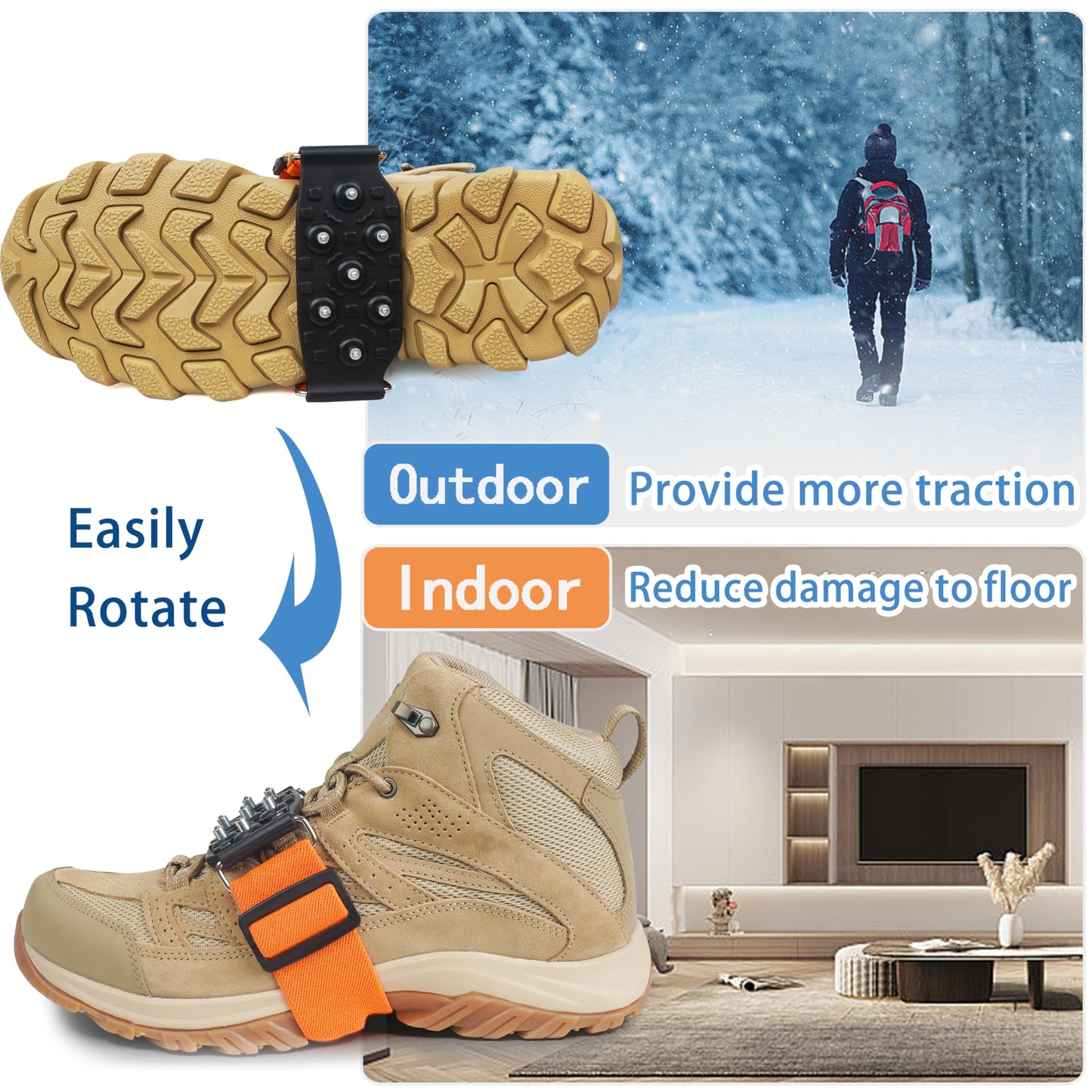 Ice Cleats Mid-Sole Snow Traction Cleats for Shoes and Boots Non-Slip Crampon with 7 Tungsten Studs Adjustable Straps for Secure Grip Snow Cleats for Winter Walking on Snow Ice Jogging Hiking (2Pairs)