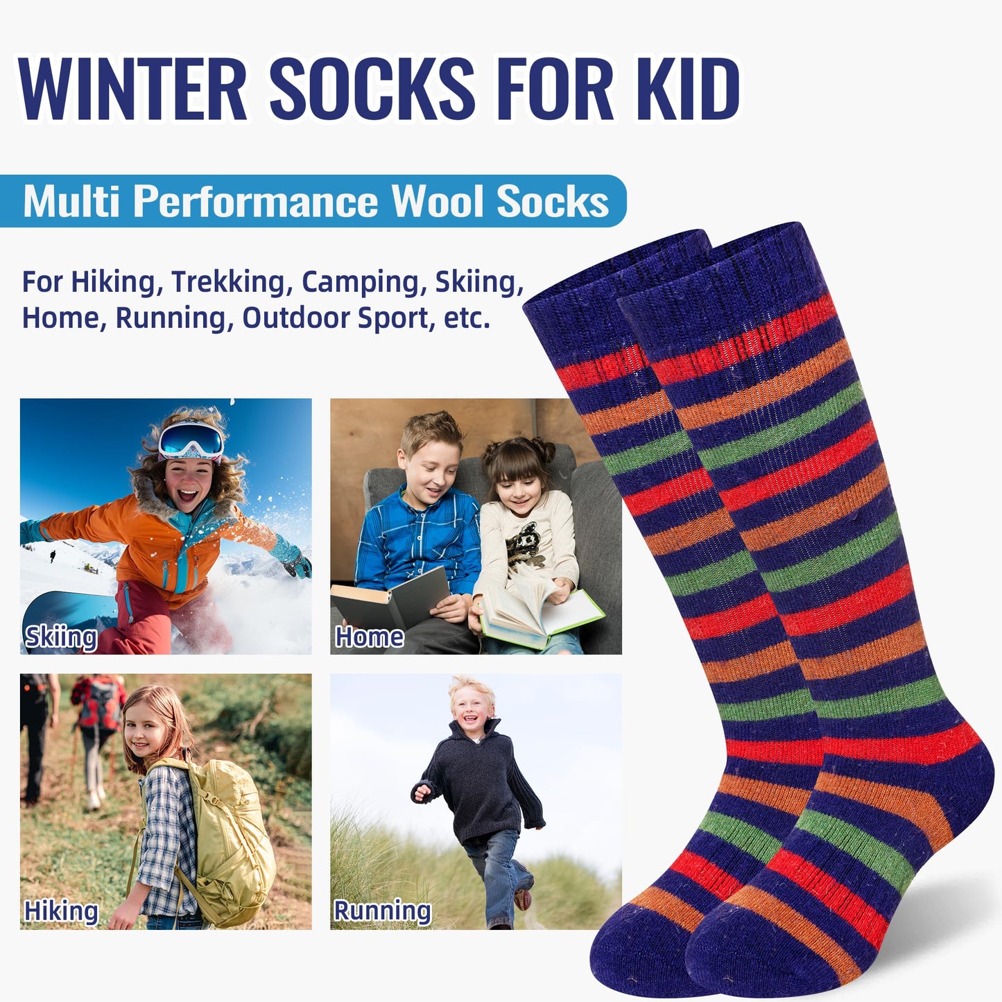 Kids Ski Socks Merino Wool Winter Warm Thermal Hiking Snowboarding Knee High Heavy Boot Socks for Toddler Boys Girls 2 Pairs(Stripe-02, 8-12 Years)