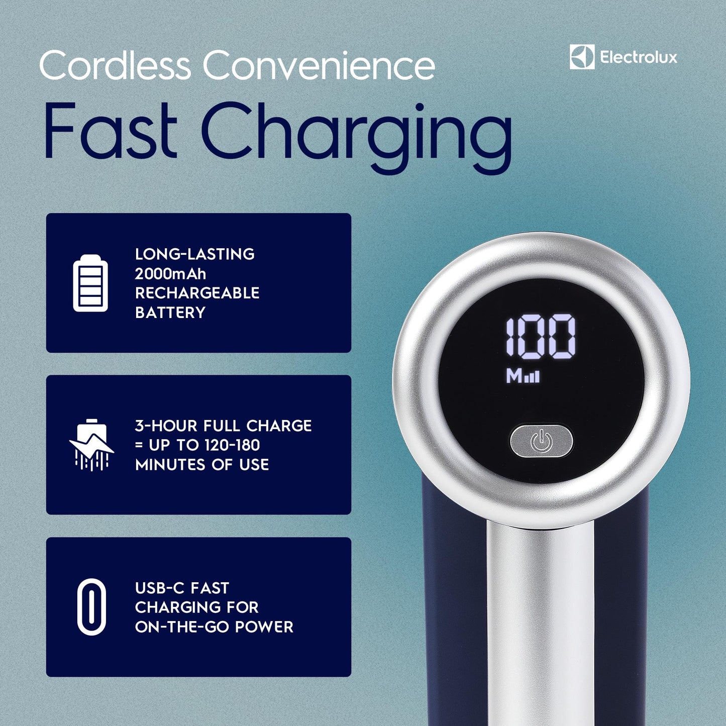 Electrolux Rechargeable Fabric Shaver | 3-Speed Lint Remover for Clothes & Furniture | Eliminates Fuzz & Pilling | Electric Lint Shaver with LED Display & Type-C Fast Charging Port - Blue