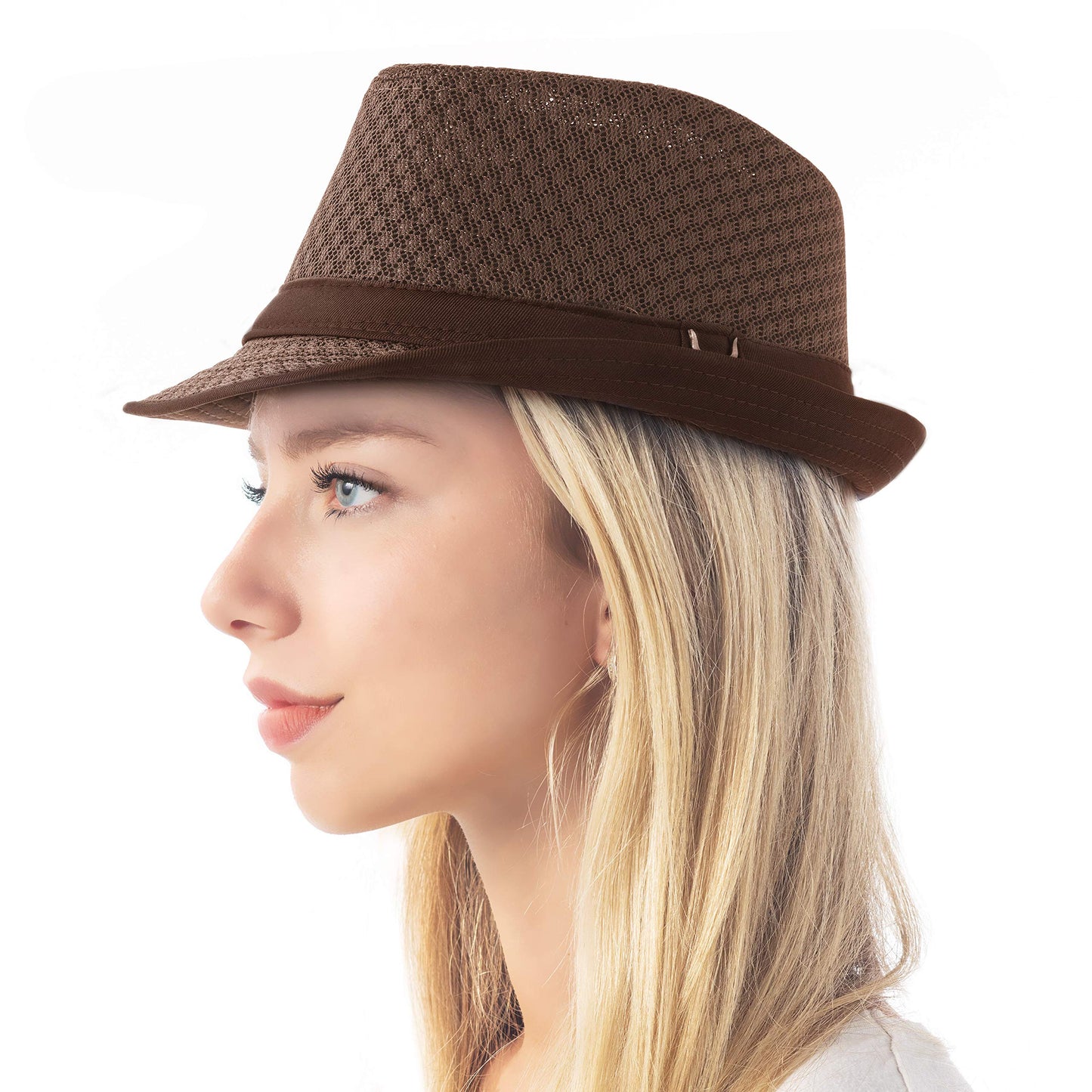 The Hat Depot Light Weight Classic Soft Cool Mesh Crushable Fedora hat (L/XL, Brown)