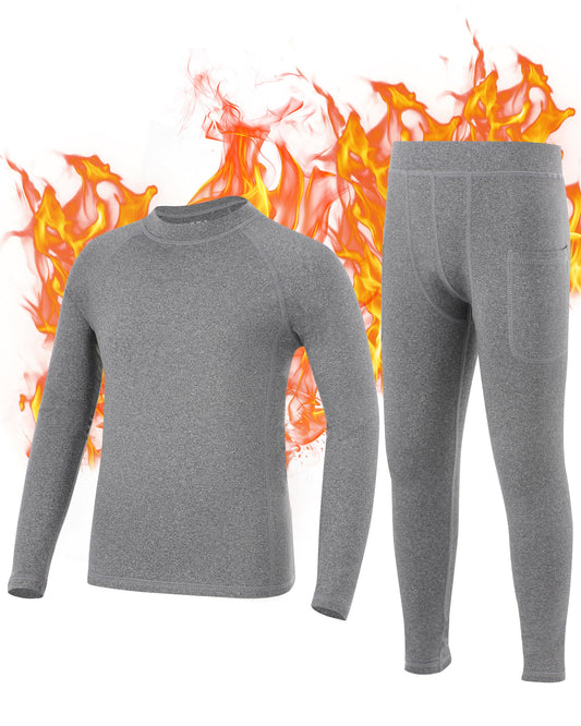 Roadbox Thermal Underwear for Boy - Fleece Lined Long Johns Warm Undershirt Cool Dry Base Layer Pants for Winter Running Grey