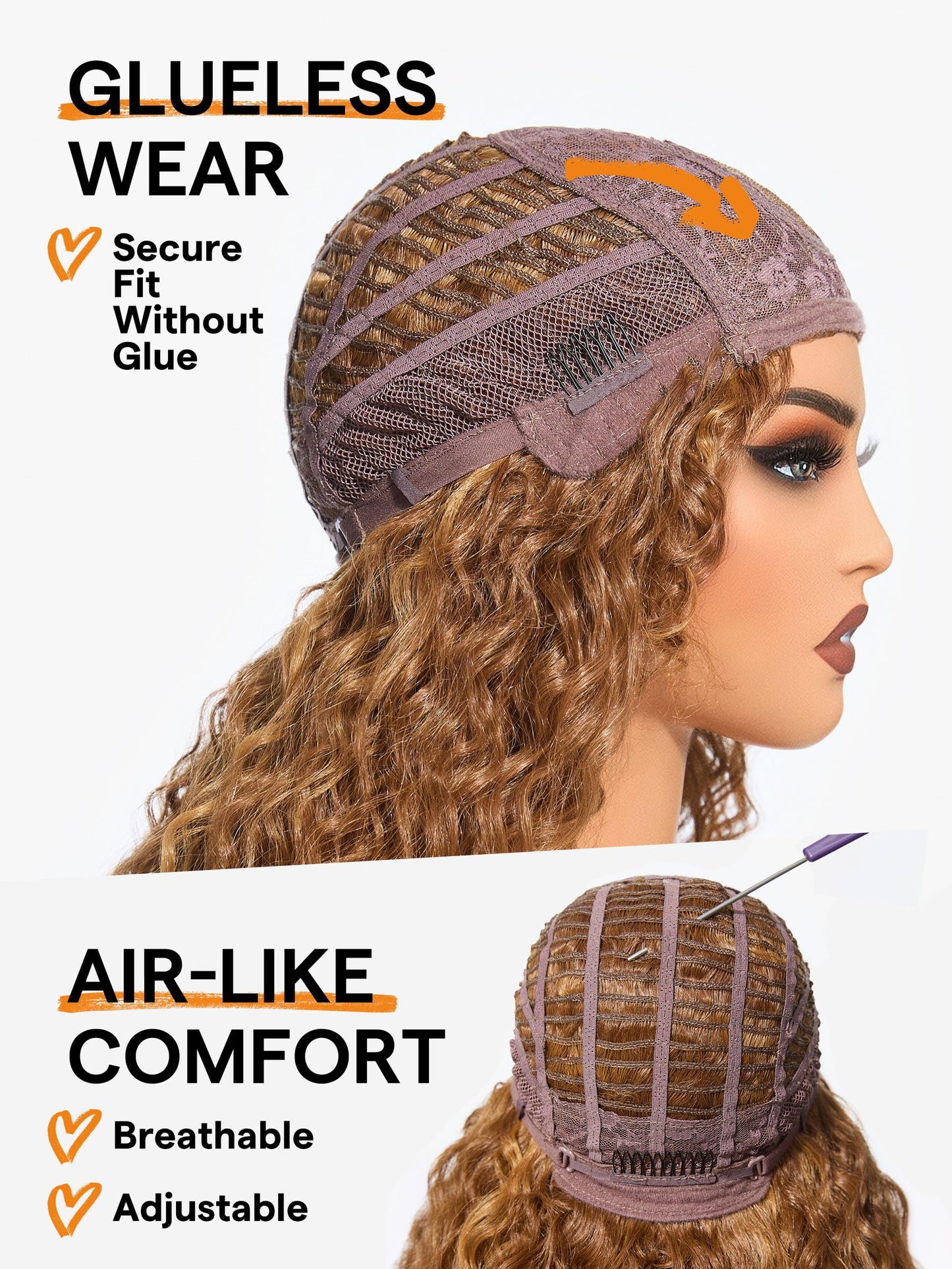 GORGIUS Curly Wig with Bangs Cinnamon Brown Shaggy Curl Glueless Bang Wig with True Scalp Upgraded with Natural Human-Hair-Like Premium Synthetic Fiber