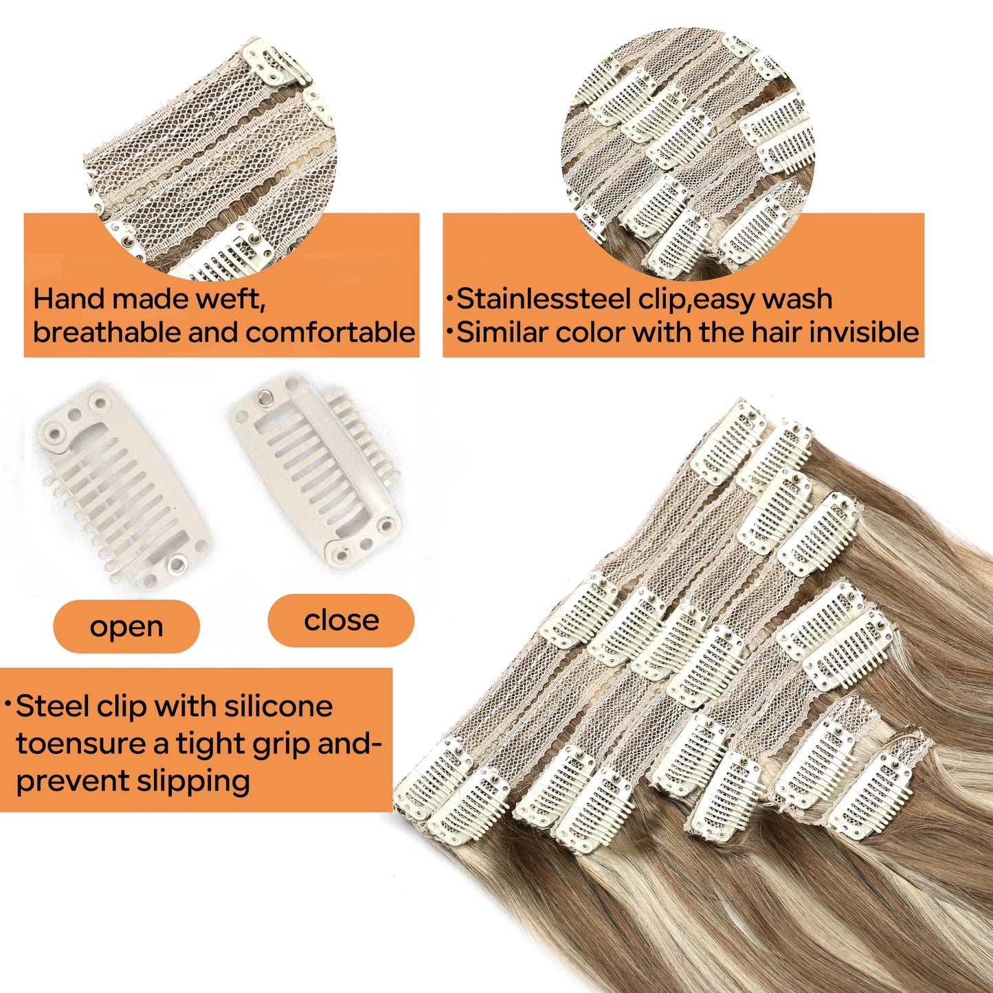 Pobokix Straight Clip In Hair Extensions Real Human Hair 8Pcs Clip In Balayage Chestnut Brown Highlight Blonde Human Hair Extensions with 18Clips Lace Weft 120g 14inch