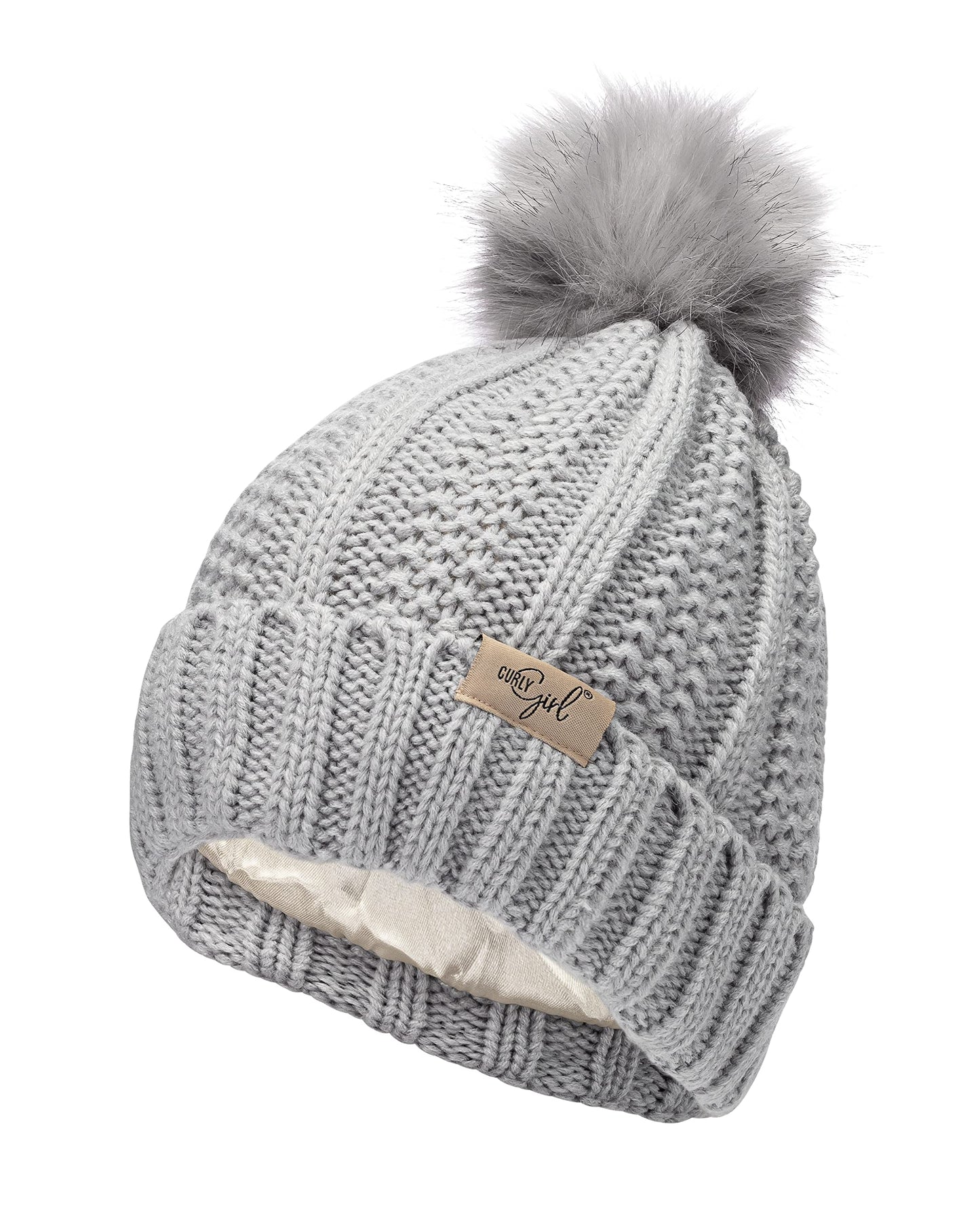 Curly Girl Satin Lined Womens Winter Knitted Beanie Hat, Knit Cap Beanie, Curly Hair, Method (Grey)