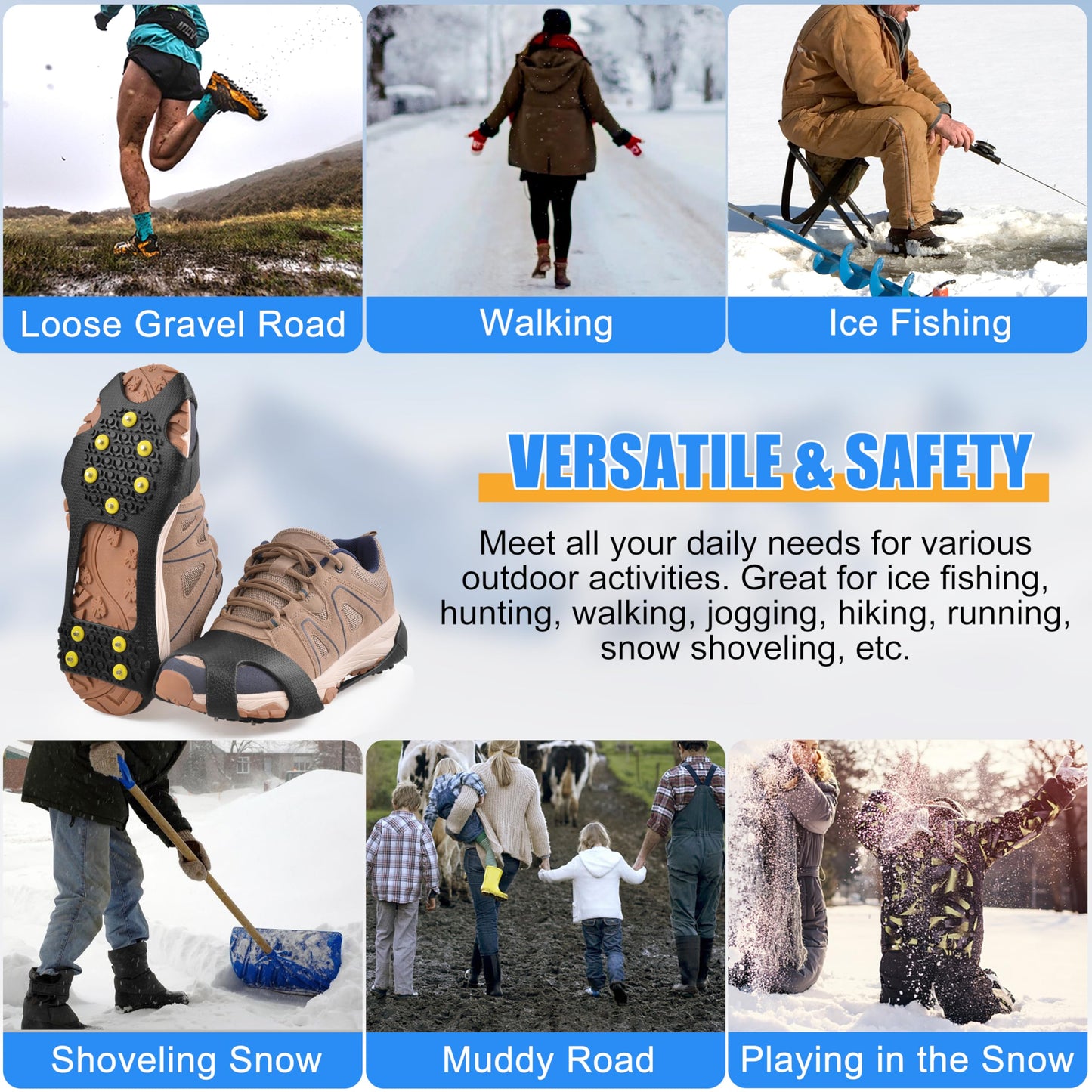 Ice Cleats Snow Traction Cleats, 10-Studs Walk Traction Cleats Crampons for Walking on Snow and Ice Anti Slip Rubber Walking Cleats Slip-on Stretch Footwear for Women Men Kids (Size XL)