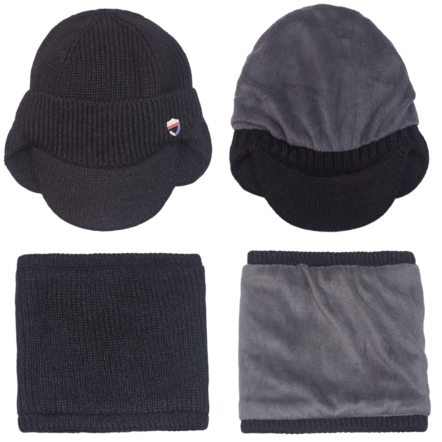 Muryobao Mens Winter Visor Beanie Hat Scarf Set Warm Knit Earflaps Hat Thick Fleece Lined Winter Cap with Neck Warmer for Outdoor Sports Black