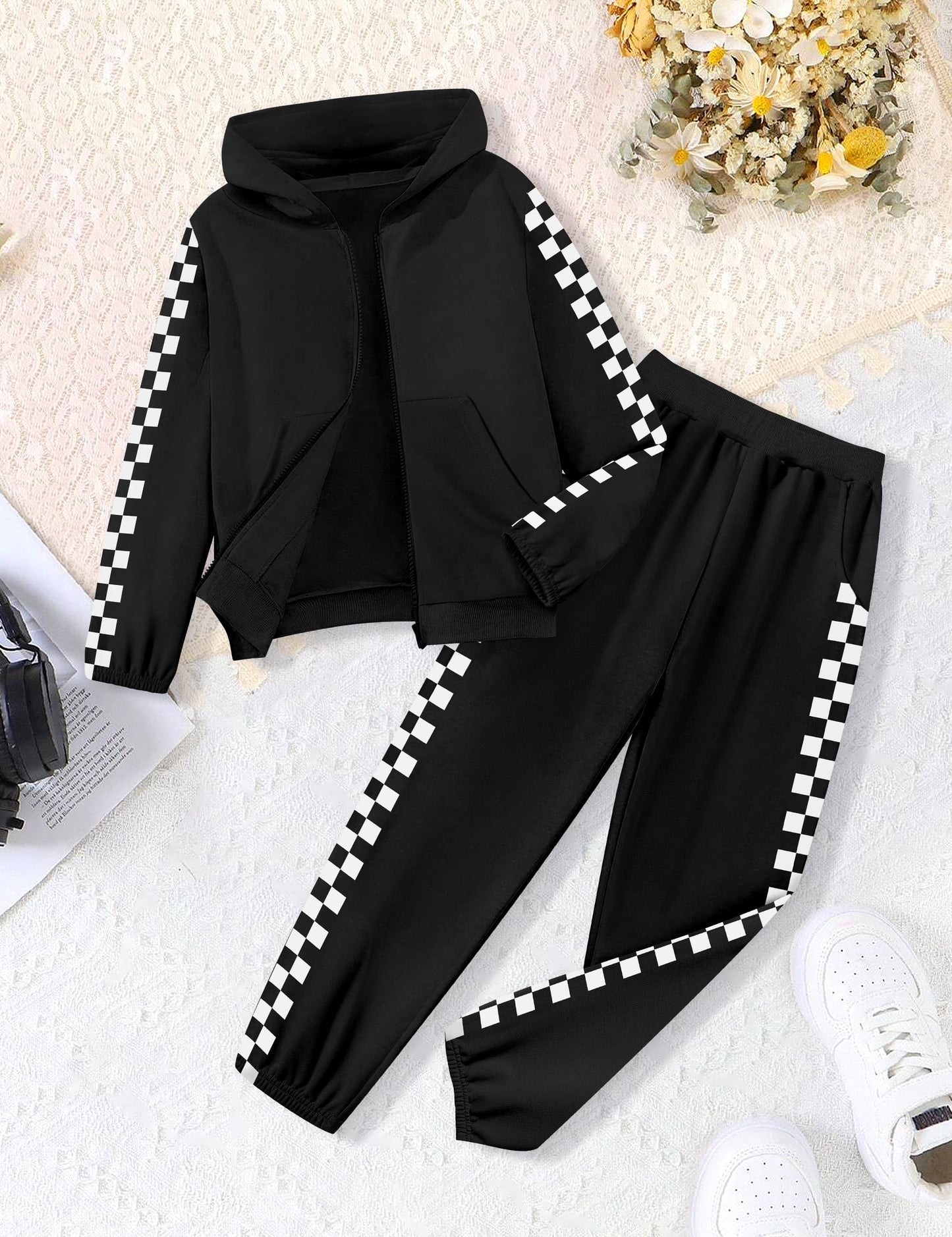 Doumlop Girls Clothes Size 10 Boys Outfits 9 Year Old Kids Clothes Boys Hooded Sweatshirt and Plaid Sweatpants 2 Piece Clothes for Girls Size 8-10 Winter Fall Black
