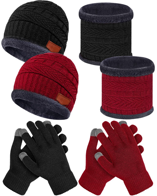 6 Pcs Men Womens Winter Hat Glove Scarf Sets Beanie Scarf Touchscreen Gloves Knit Skull Cap Fleece Neck Warm Scarf Mitten (Black, Wine Red)