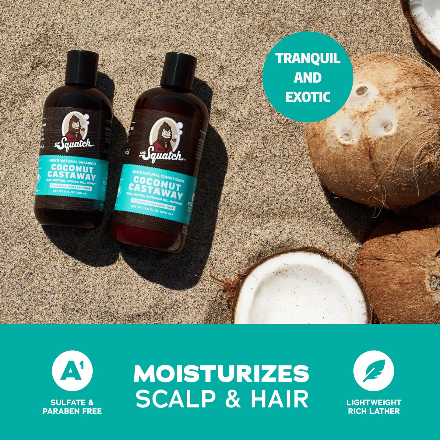 Dr. Squatch Coconut Castaway Men's Shampoo + Conditioner Hair Bundle - Keeps Hair Looking Full, Healthy, Hydrated