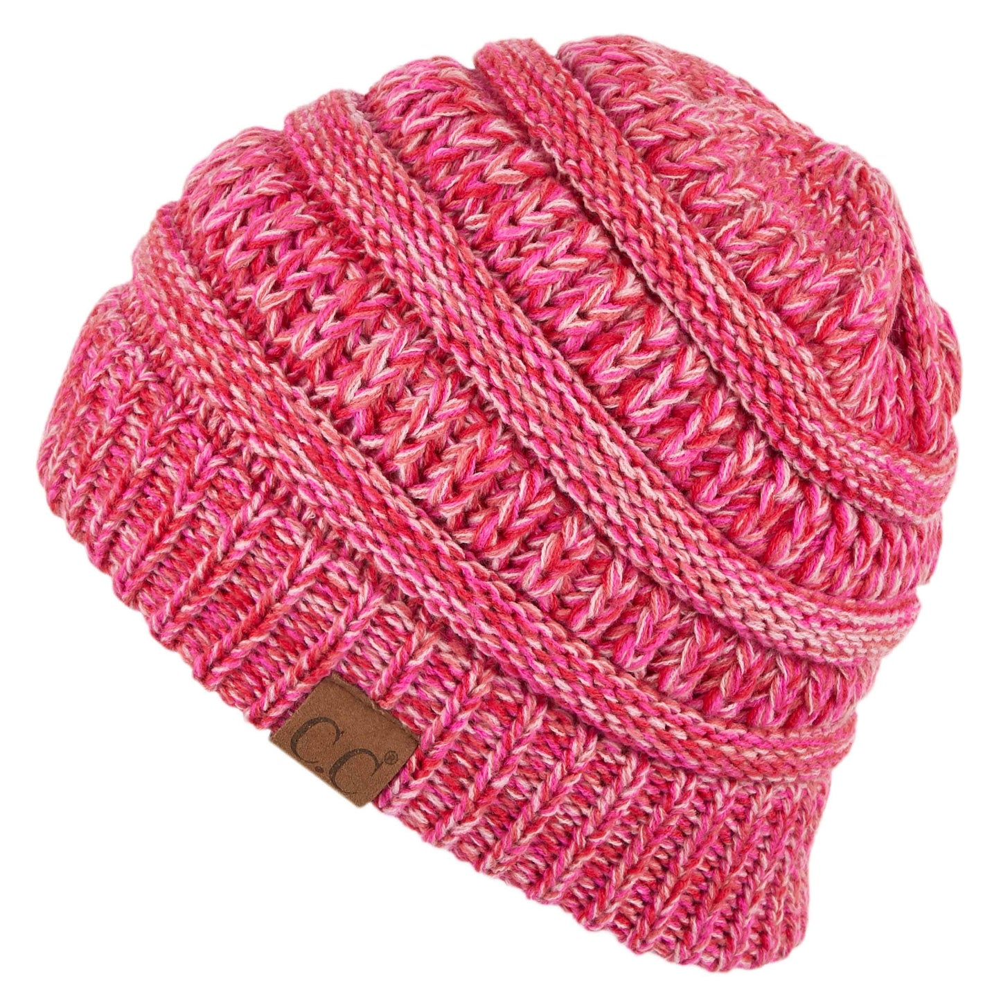 C.C Soft Stretch Cable Knit Messy Bun Ponytail Beanie Winter Hat (MB-816) (Hot Pink Multi(10))