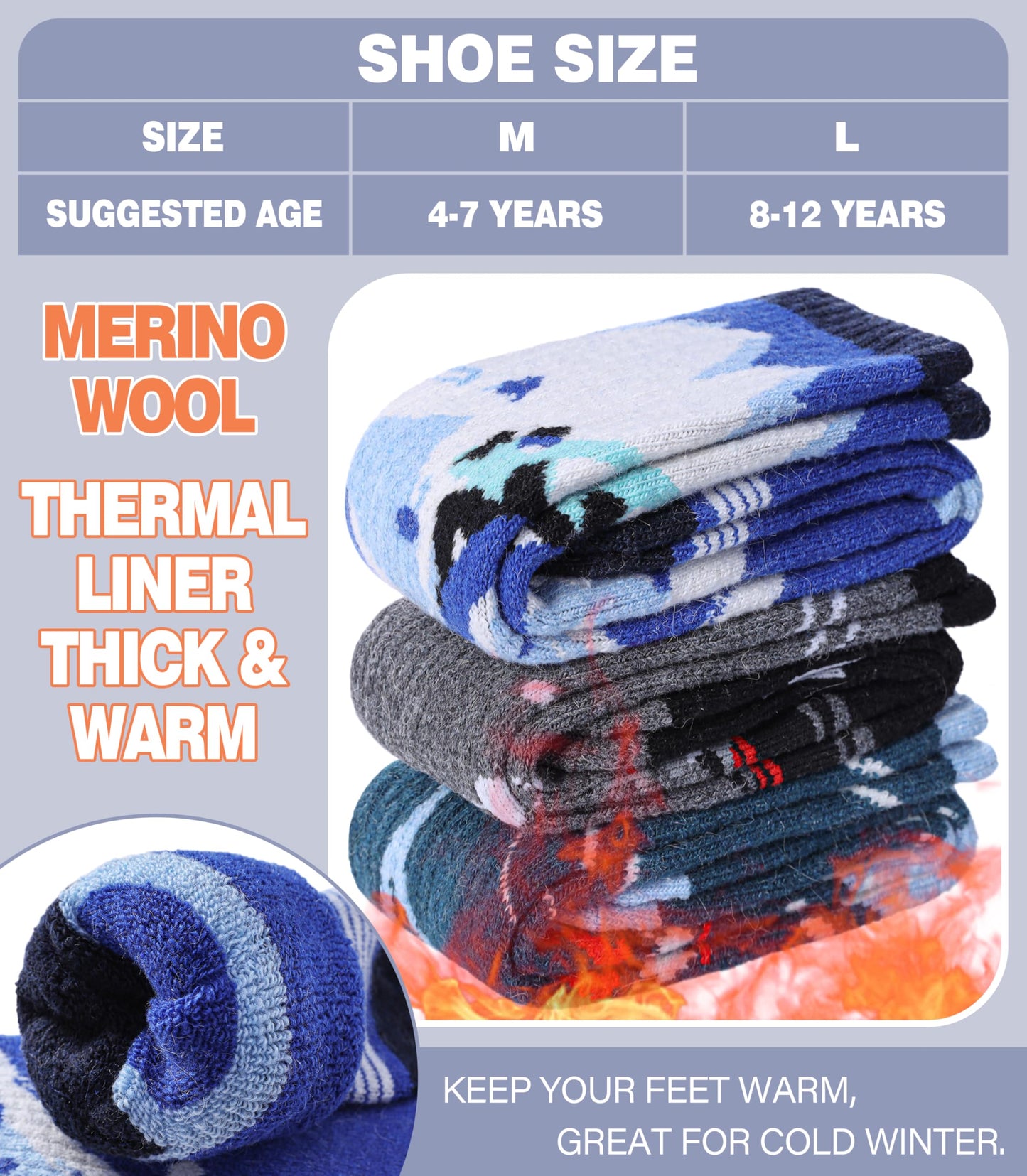 DOSKONI Kids Merino Wool Ski Socks Boys Girls Thermal Winter Warm Thick Cozy Socks for Skiing Snowboarding 3 Pairs Skate Green Blue Grey,8-12 Year Old
