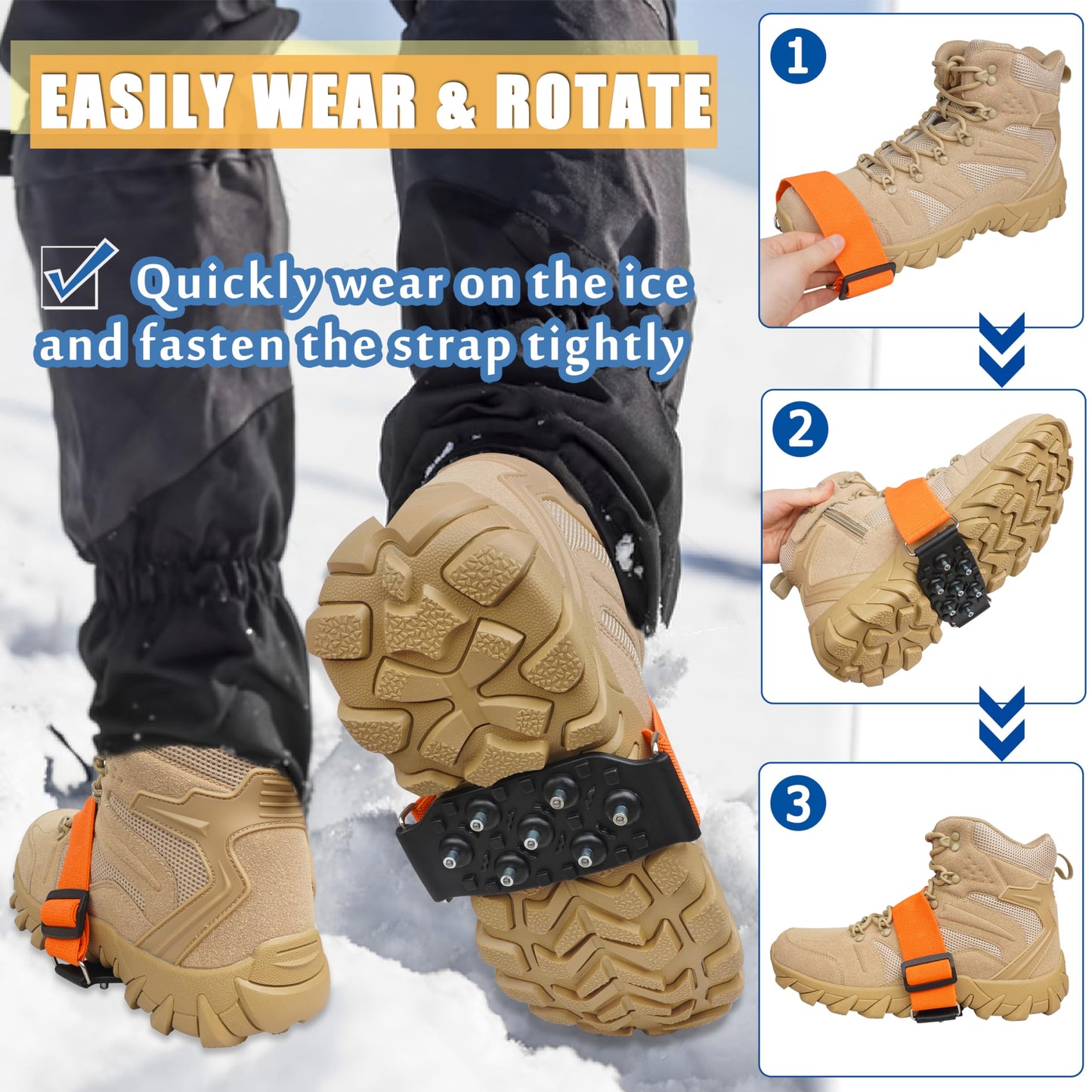 Ice Cleats Mid-Sole Snow Traction Cleats for Shoes and Boots Non-Slip Crampon with 7 Tungsten Studs Adjustable Straps for Secure Grip Snow Cleats for Winter Walking on Snow Ice Jogging Hiking (2Pairs)