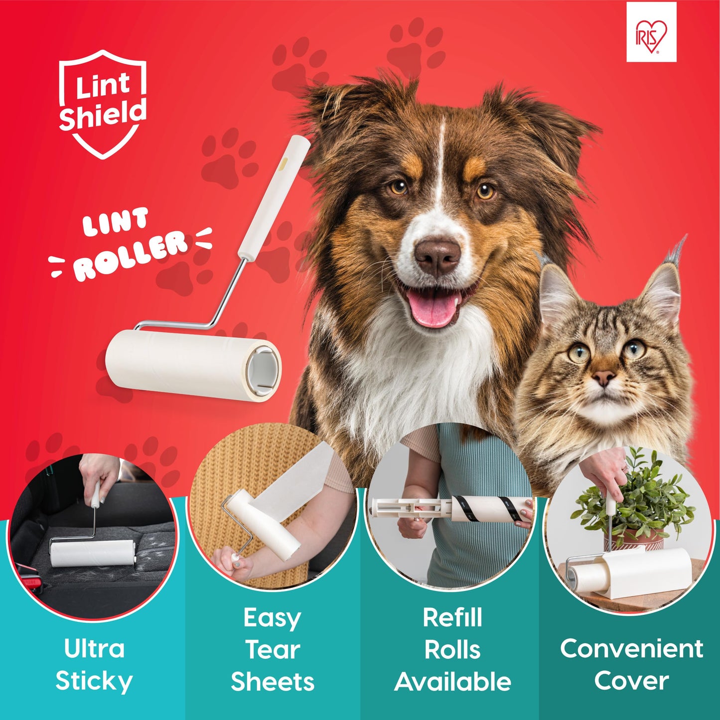 IRIS USA Extra Sticky Lint Roller, Large with Adjustable Extension, Storage Box, Refills, 90 Sheets/Roll, 540 Sheets Total, Easy Tear Lint Remover for Dog Cat Pet Hair On Bed Floor Sofa