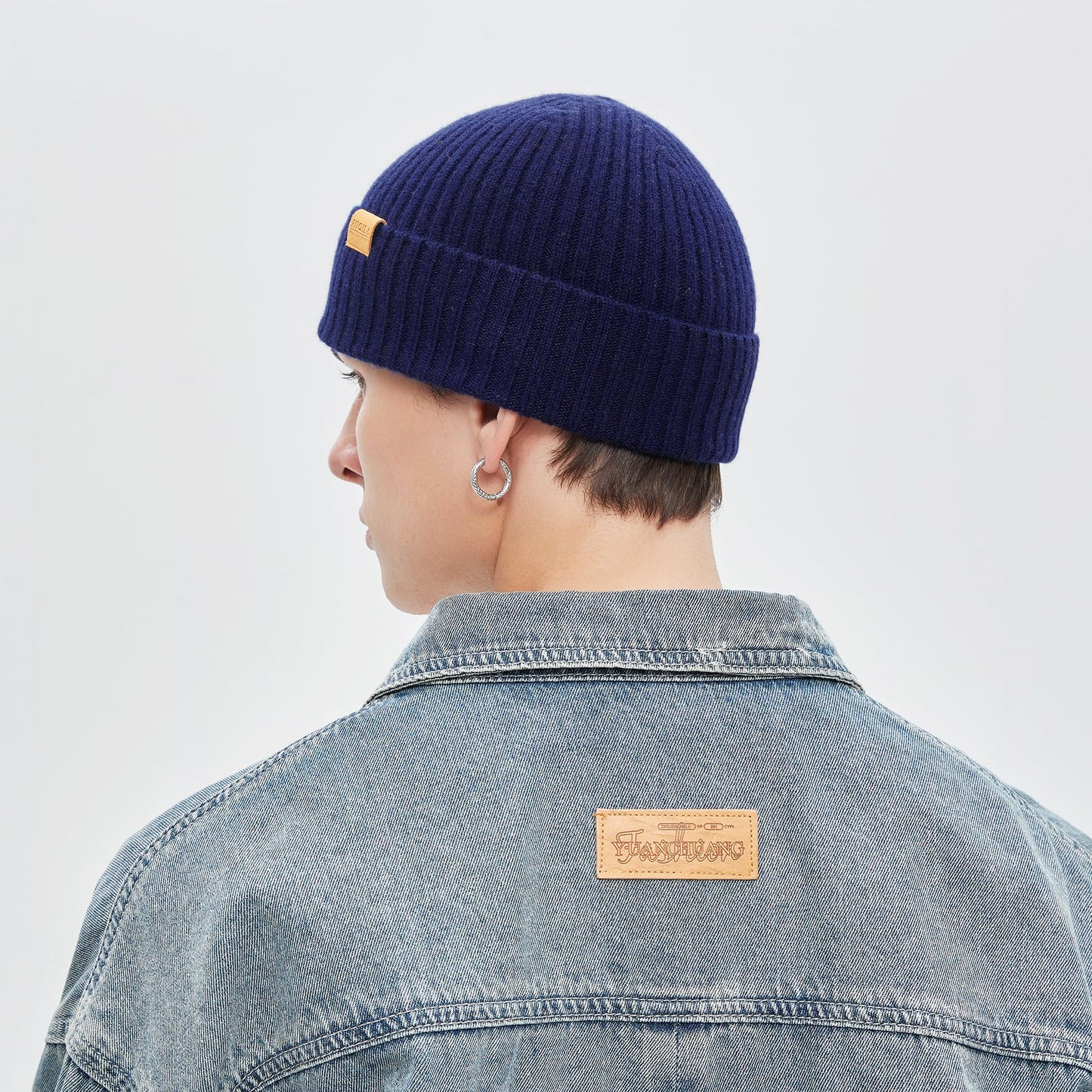 FUQILA 100% Merino Wool Fisherman Beanie Hat, Unisex Warm Winter Hats, Soft Breathable & Cozy Stretchy Knitted Short Cuffed Cap (Dark Blue)