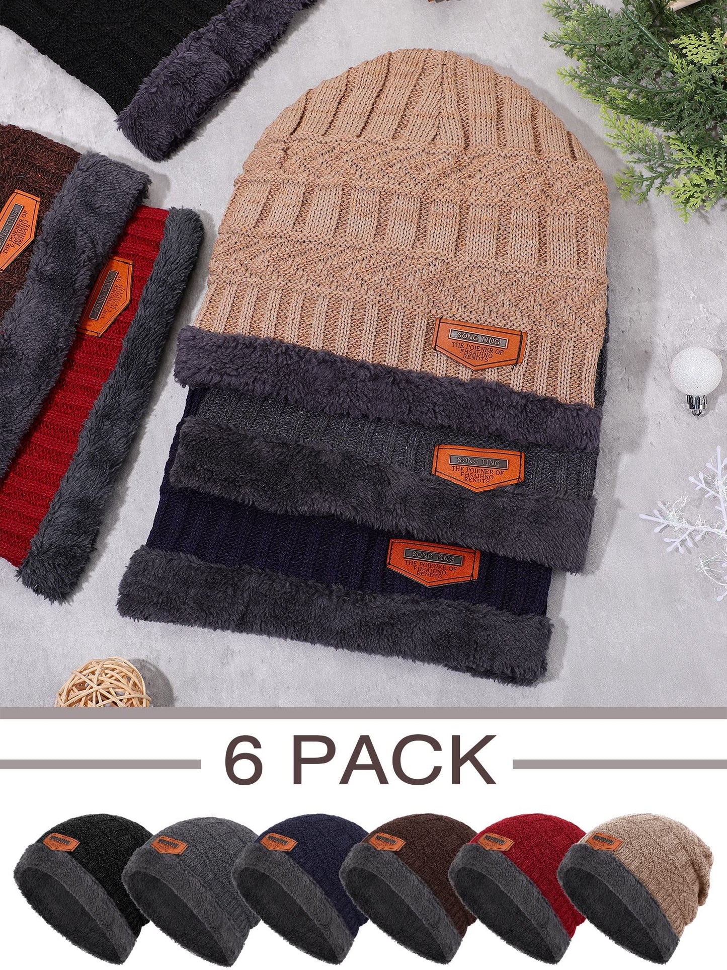 Kigeli 6 Pcs Winter Slouchy Beanie Bulk for Men Women, Fleece Inner Warm Hat Thick Skull Cap Knit Beanie Winter Beanie Hats (Multi Colors)