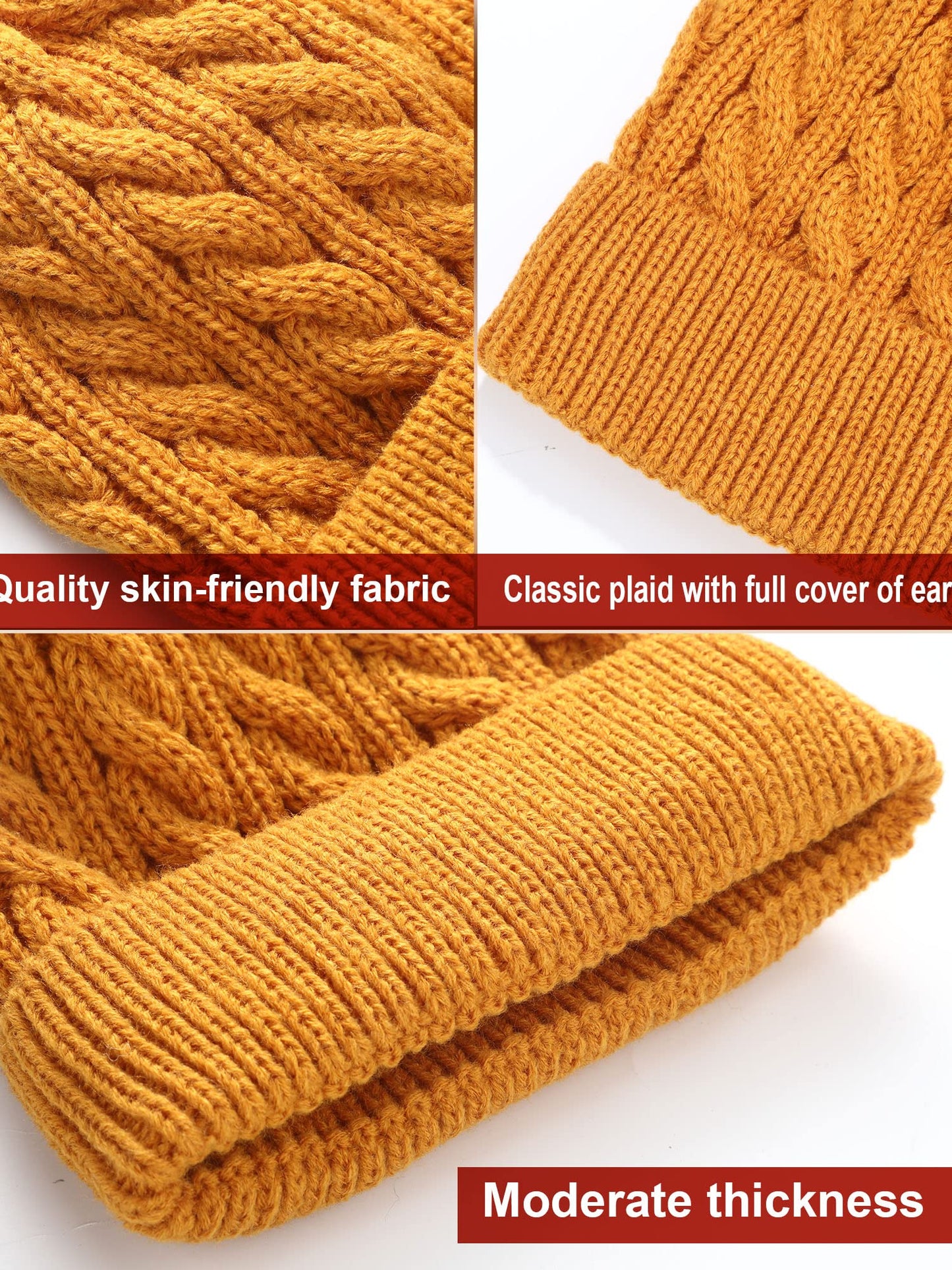 3 Pieces Kids Satin Lined Knit Beanies Winter Hat Child Warm Ski Skull Caps for Girls Boys Baby Toddlers 3-12 Years (Black, Beige, Ginger,Simple Style)