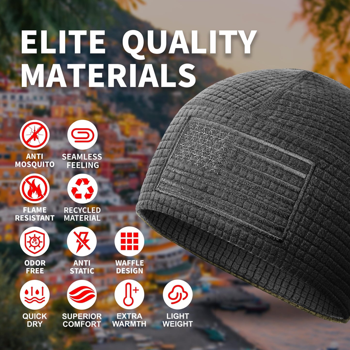 OUTDOOR SHAPING Grid Fleece Beanie with American Flag Embroidery Waffle Tactical Army Military Skull Cap Black