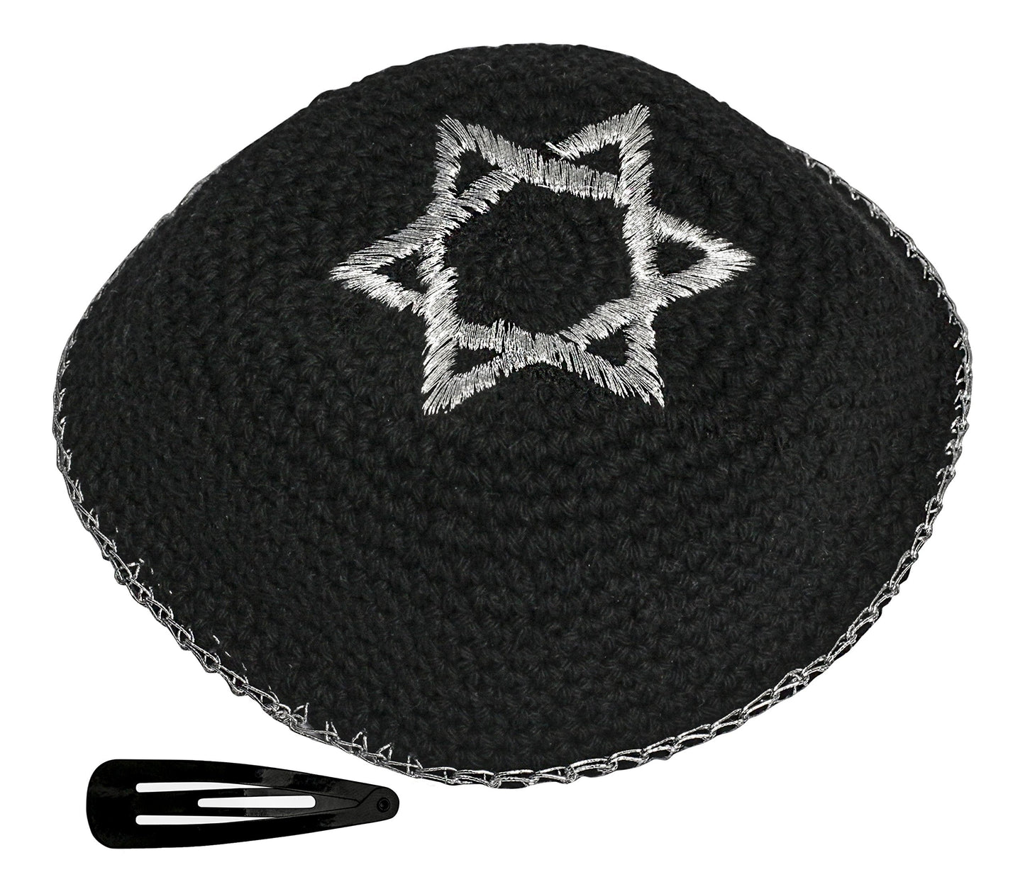 EREZ OVED KIPPIK Star of David Jewish KippahHatFor Men & Kids with Clip Beautifully Knitted (Black & Silver)