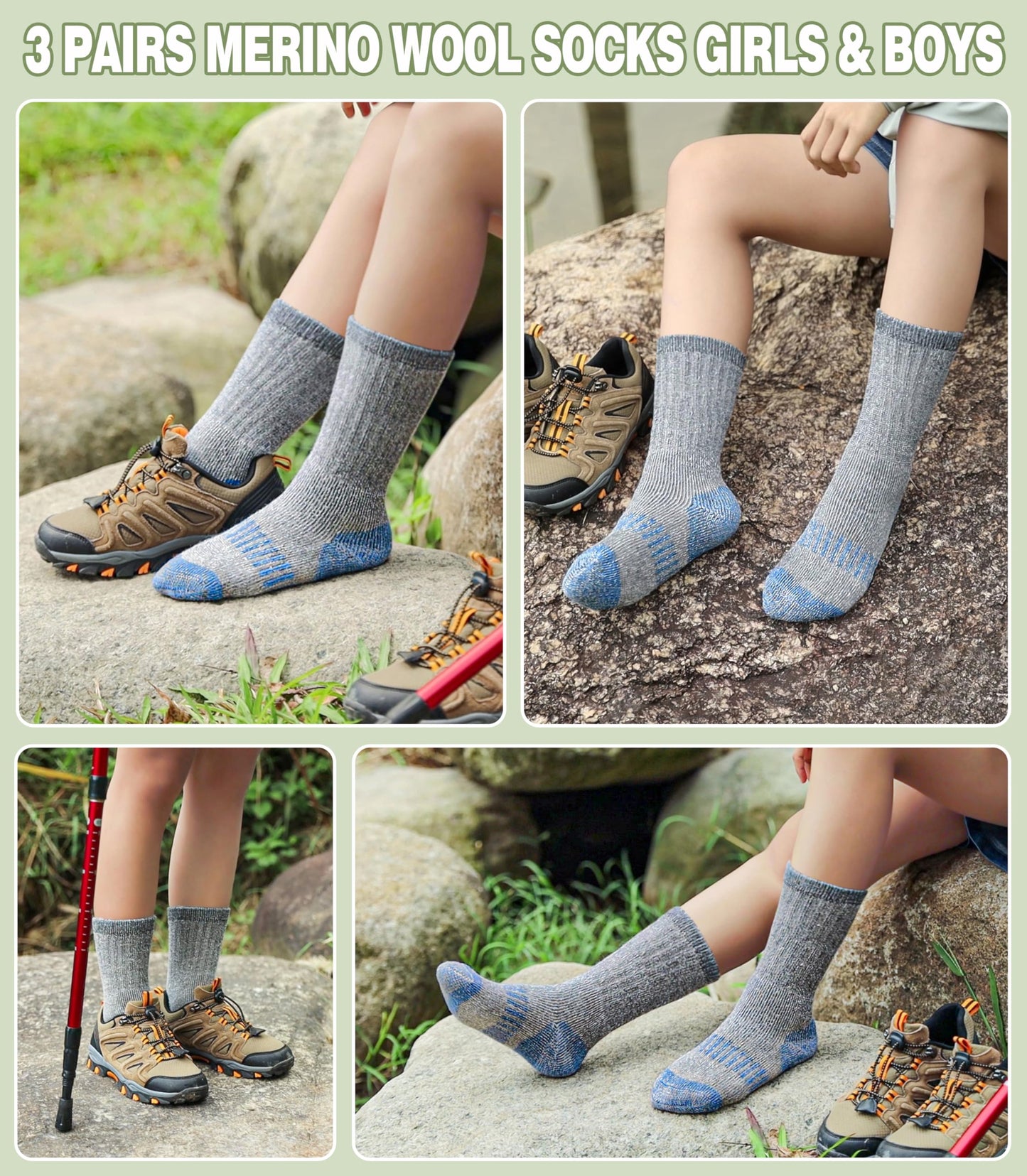 LANLEO Kids Merino Wool Hiking Socks Boys Girls Winter Thermal Warm Thick Cozy Cushion Boot Crew Socks 3 Pairs Hiking Socks Blue,8-12 Year Old
