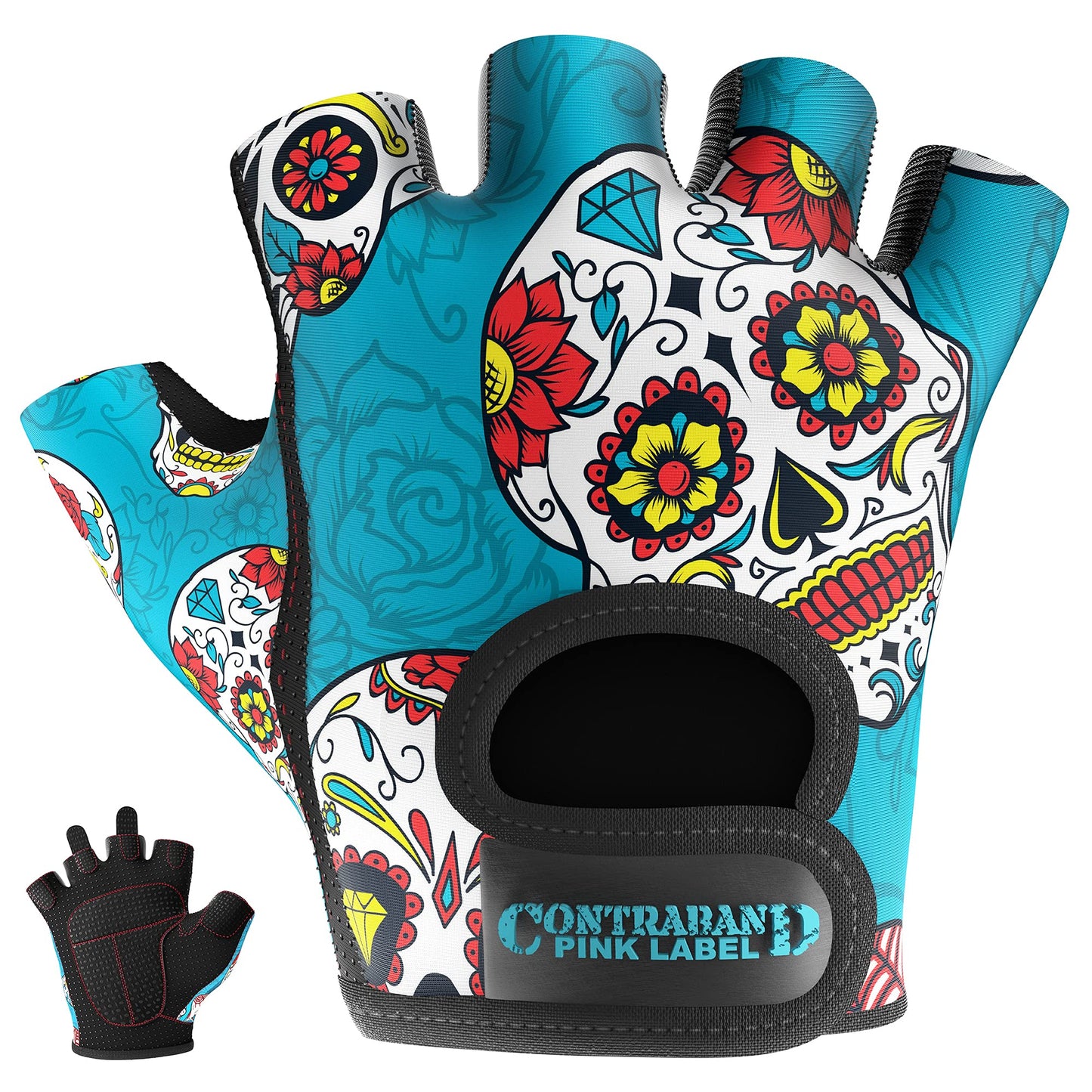 Contraband Pink Label 5237 Womens Designer Workout Gloves | Sugar Skull Print w/Grip-Lock™ Padding (Green, X-Small)