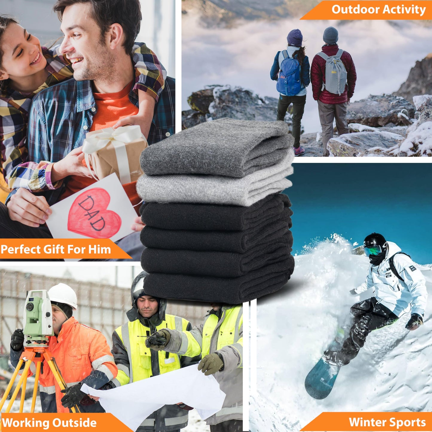 NevEND 6 Pairs Men Wool Merino Winter Thermal Boot Insulated Hiking Heated Socks For Heavy Duty Cold Weather Outdoor Size 10-13