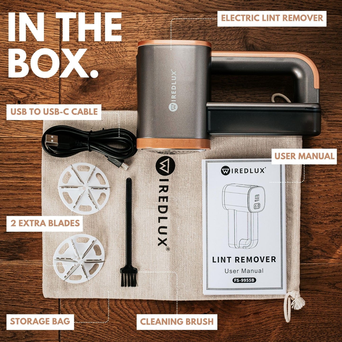 WiredLux Electric Lint Remover - Rechargeable Fabric Shaver for Clothes & Couch - Adjustable 3-Speed, 6-Leaf Blade, LED Light, USB Charging - Depiller with Dual Protection (Graphite Grey/Copper)