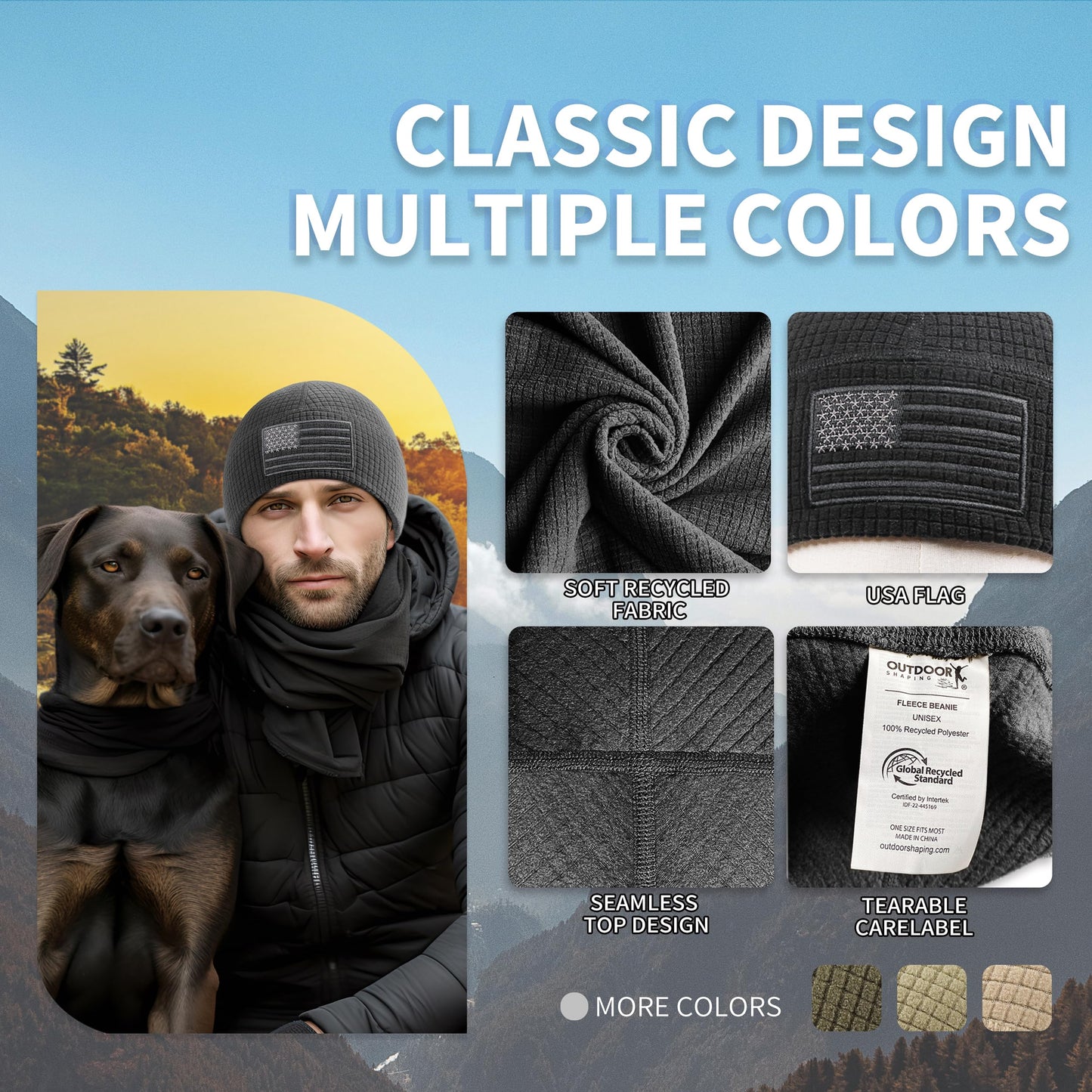 OUTDOOR SHAPING Grid Fleece Beanie with American Flag Embroidery Waffle Tactical Army Military Skull Cap Black