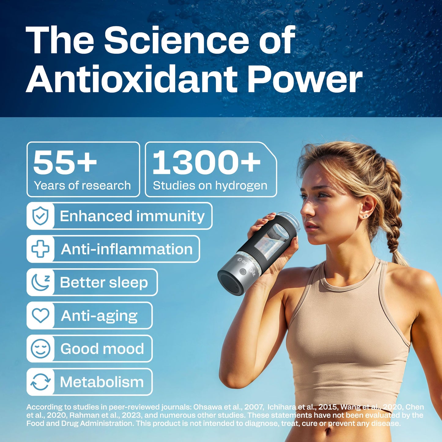 Energilz Hydrogen Water Bottle | Large 16.2 oz (480 ml) Hydrogen Water Bottle Generator 3000ppb | Hydrogenator Machine | SPE/PEM Hydrogenated Ionizer Generator (Steel w/Black)