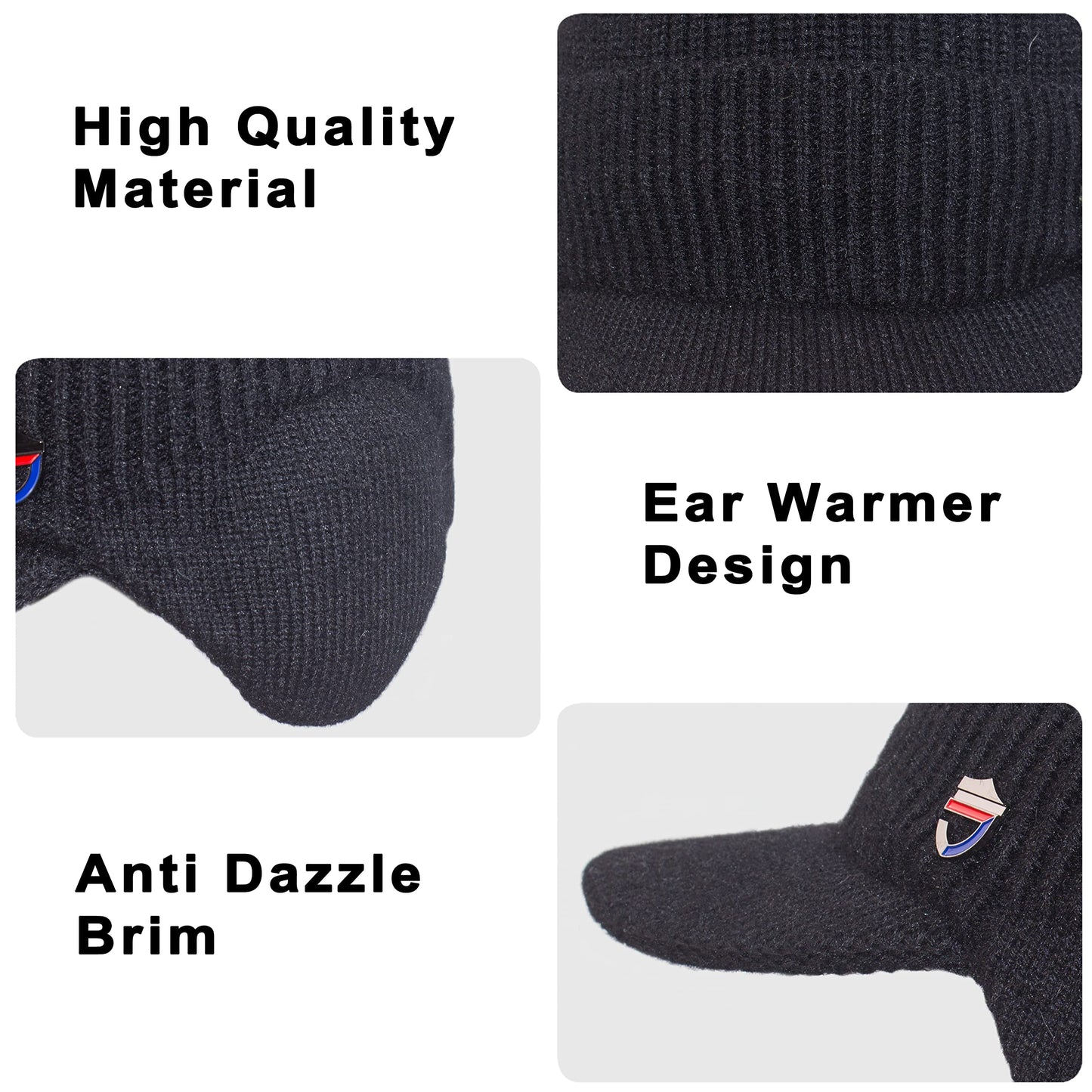 Muryobao Mens Winter Visor Beanie Hat Scarf Set Warm Knit Earflaps Hat Thick Fleece Lined Winter Cap with Neck Warmer for Outdoor Sports Black