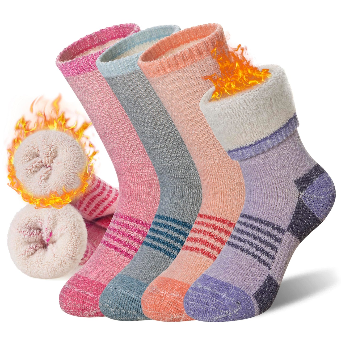 Merino Wool Hiking Socks for Kids Boy Girls Winter Warm Thermal Thick Boot Cozy Cushion Crew Socks(4 Pairs Grey/Orange/Purple/Pink, 8-12 Years)