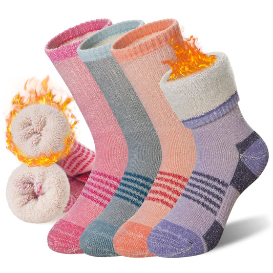 Merino Wool Hiking Socks for Kids Boy Girls Winter Warm Thermal Thick Boot Cozy Cushion Crew Socks(4 Pairs Grey/Orange/Purple/Pink, 8-12 Years)