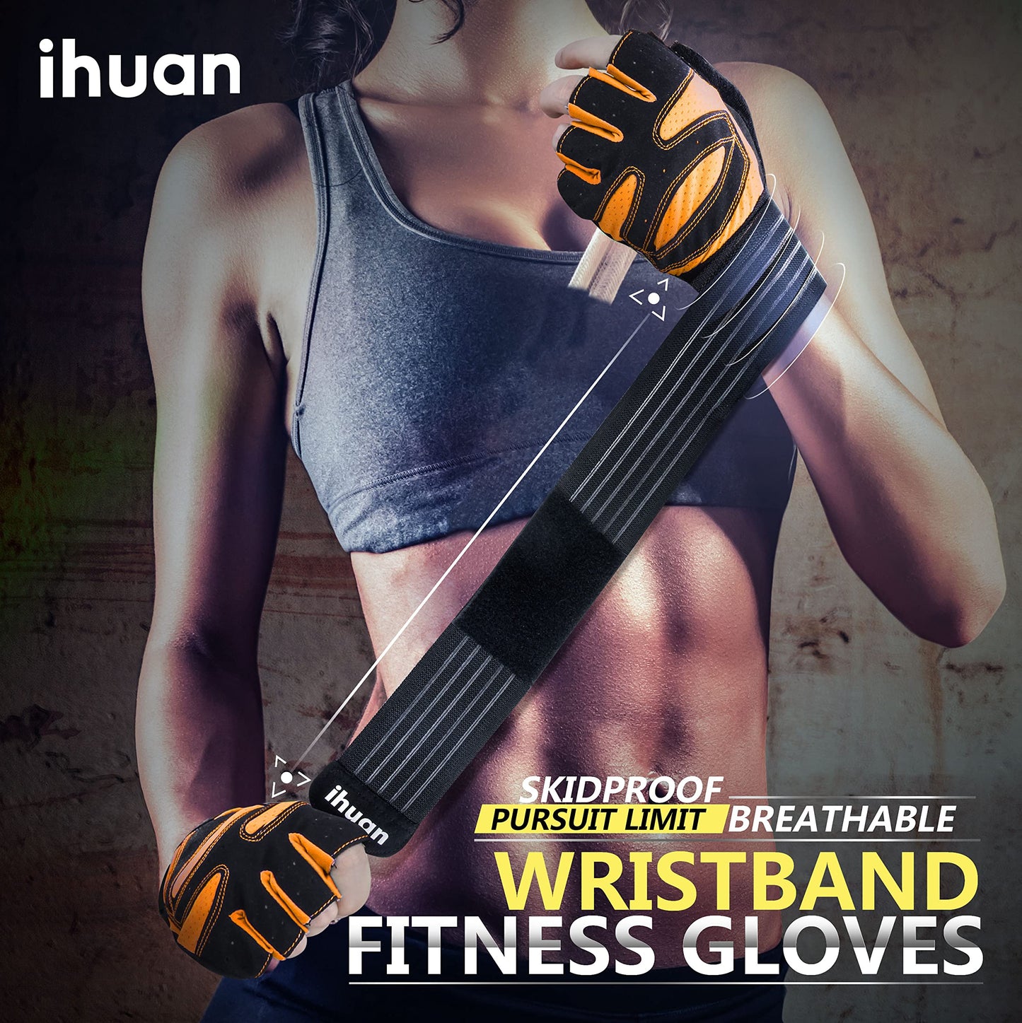 ihuan Ventilated Weight Lifting Gym Workout Gloves with Wrist Wrap Support for Men & Women, Full Palm Protection, for Weightlifting, Training, Climbing, Fitness, Hanging, Pull ups (Orange, XS)