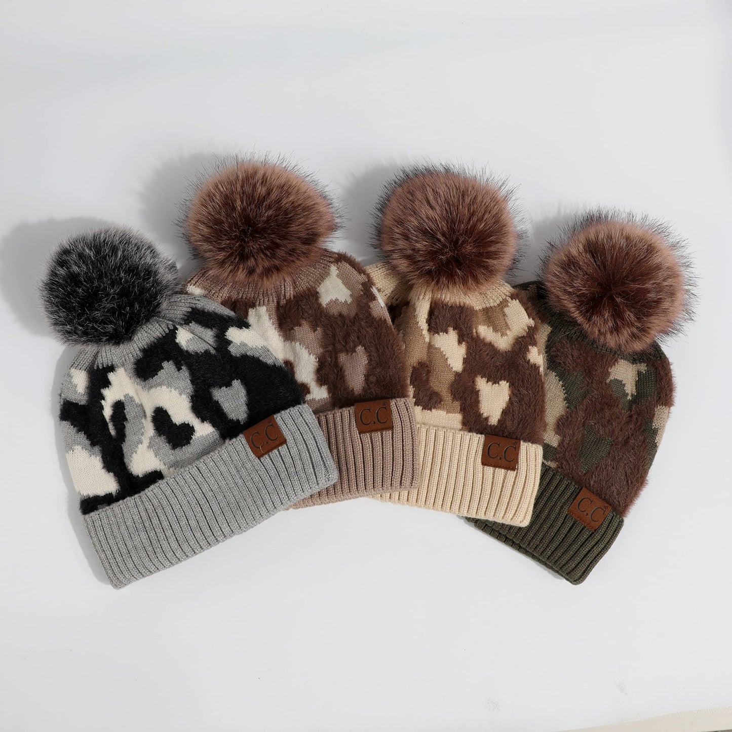 C.C Exclusives Abstract Camo Print Beanie hat with Faux Fur Pom (HAT-4005) Camo-Beige
