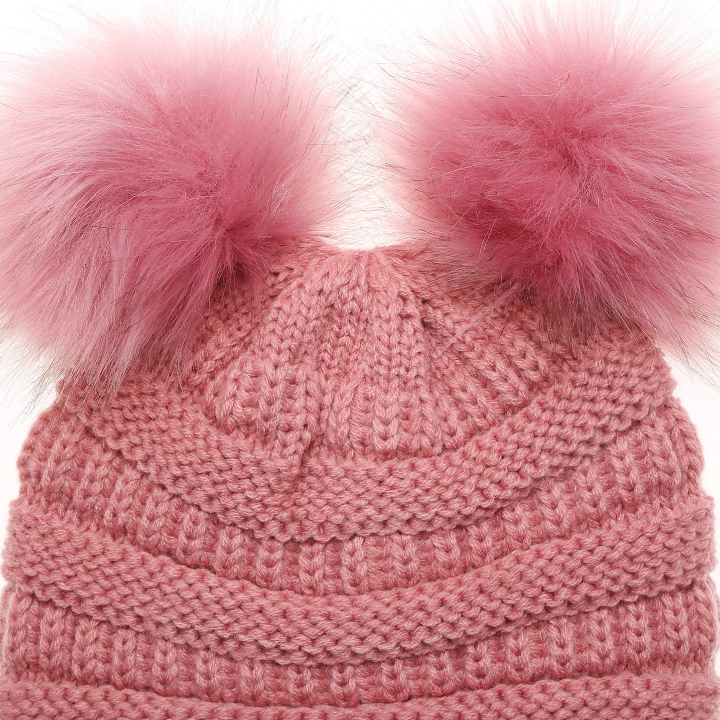 MIRMARU Kids Boys & Girls Winter Soft Warm Knitted Beanie Hat with Faux Fur Pom Pom for Ages 7-12 (Double Pom - Dusty Pink)