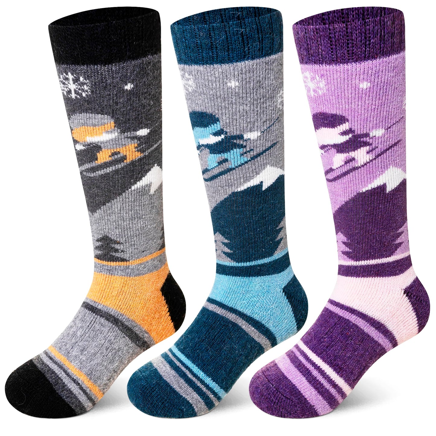 SeeyAN Kids Ski Socks Merino Wool Thermal Winter Socks Boys Girls Warm SnowBoarding Thick Skiing Socks 3 Pairs (Purple/Grey/Blue, 4-7 Years)