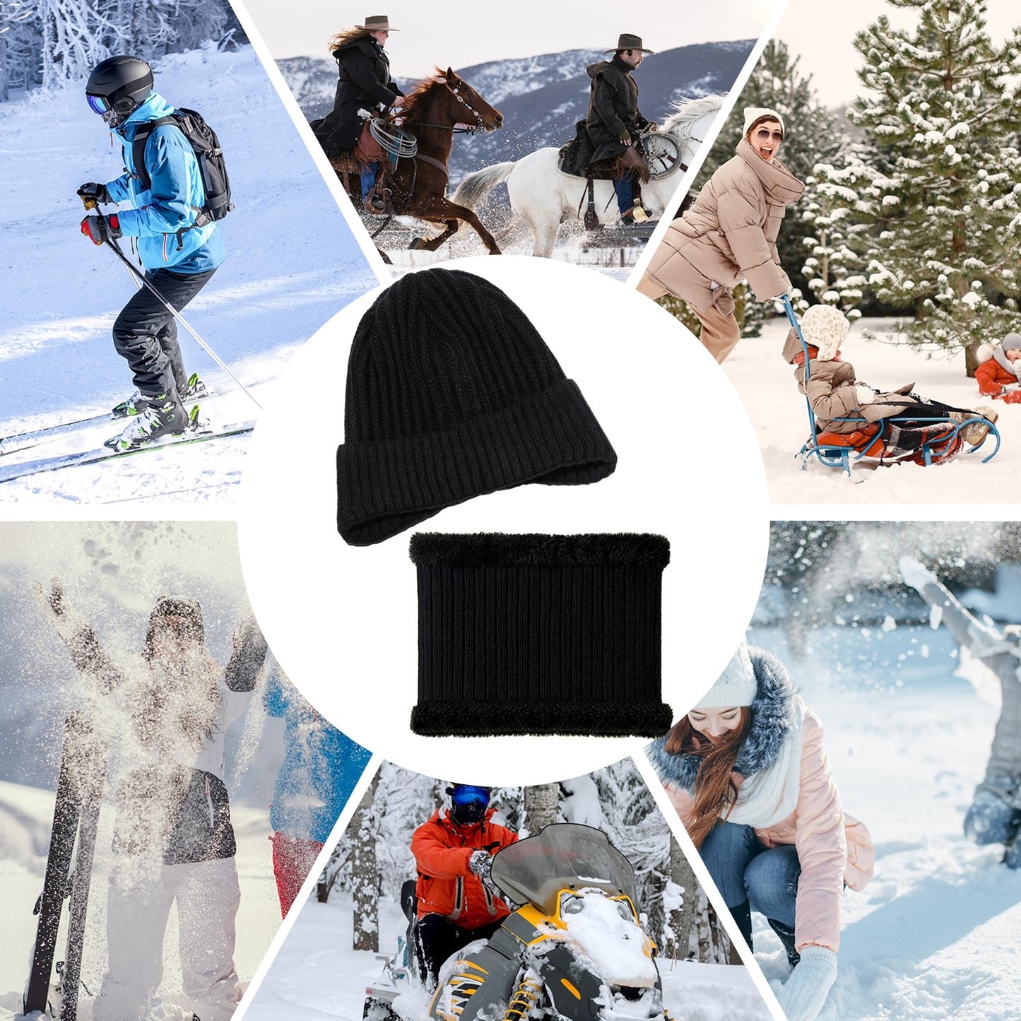 Winter Beanie Hat Scarf for Men and Women,Warm Fleece Winter Hats and Neck Scarf Set,Christmas Gifts for Unisex Adult,Thick Lined Knit Winter Hat Scraf,Black