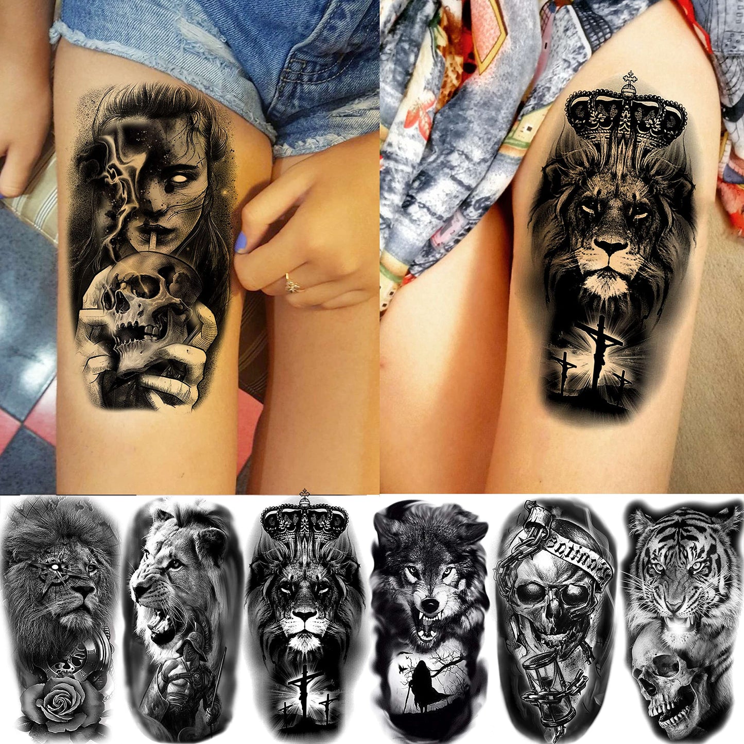 70 Sheets 3D Forearm Black Realistic Wolf Tiger Lion Temporary Tattoos For Men Women Thigh Arm, Scary Skull Gothic Gangster Fake Tattoo Sticker Adults, Large Tribal Half Sleeve Tatoos Halloween