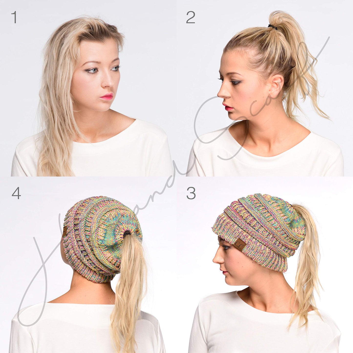 C.C Soft Stretch Cable Knit Messy Bun Ponytail Beanie Winter Hat (MB-816) (Hot Pink Multi(10))
