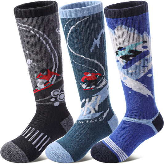 DOSKONI Kids Merino Wool Ski Socks Boys Girls Thermal Winter Warm Thick Cozy Socks for Skiing Snowboarding 3 Pairs Skate Green Blue Grey,8-12 Year Old