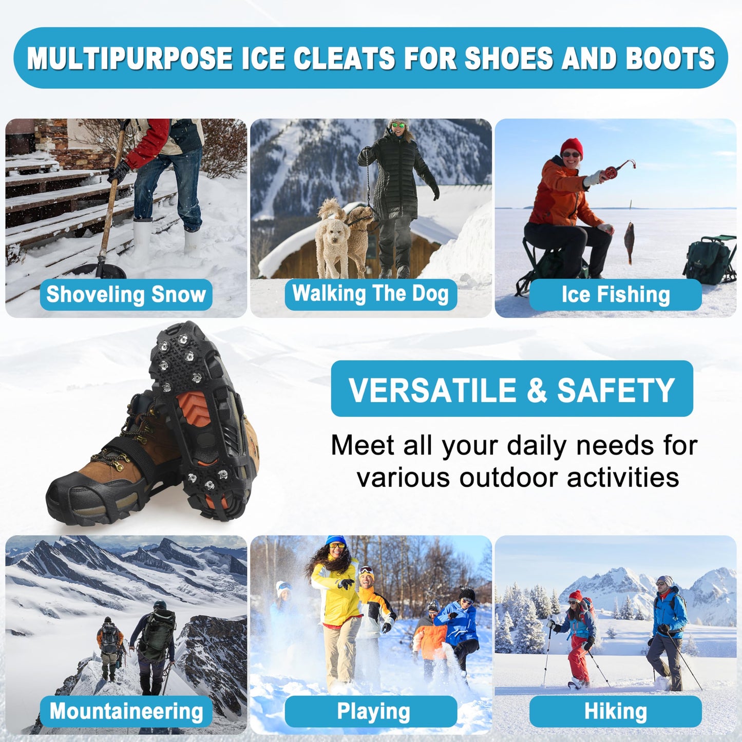 Ice Cleats for Shoes and Boots Snow Traction Cleats Crampons for Walking on Snow and Ice 9 Studs Non-Slip Overshoe Rubber Anti Slip Crampons Slip-on Stretch Footwear Winter Hiking Climbing Ice Fishing