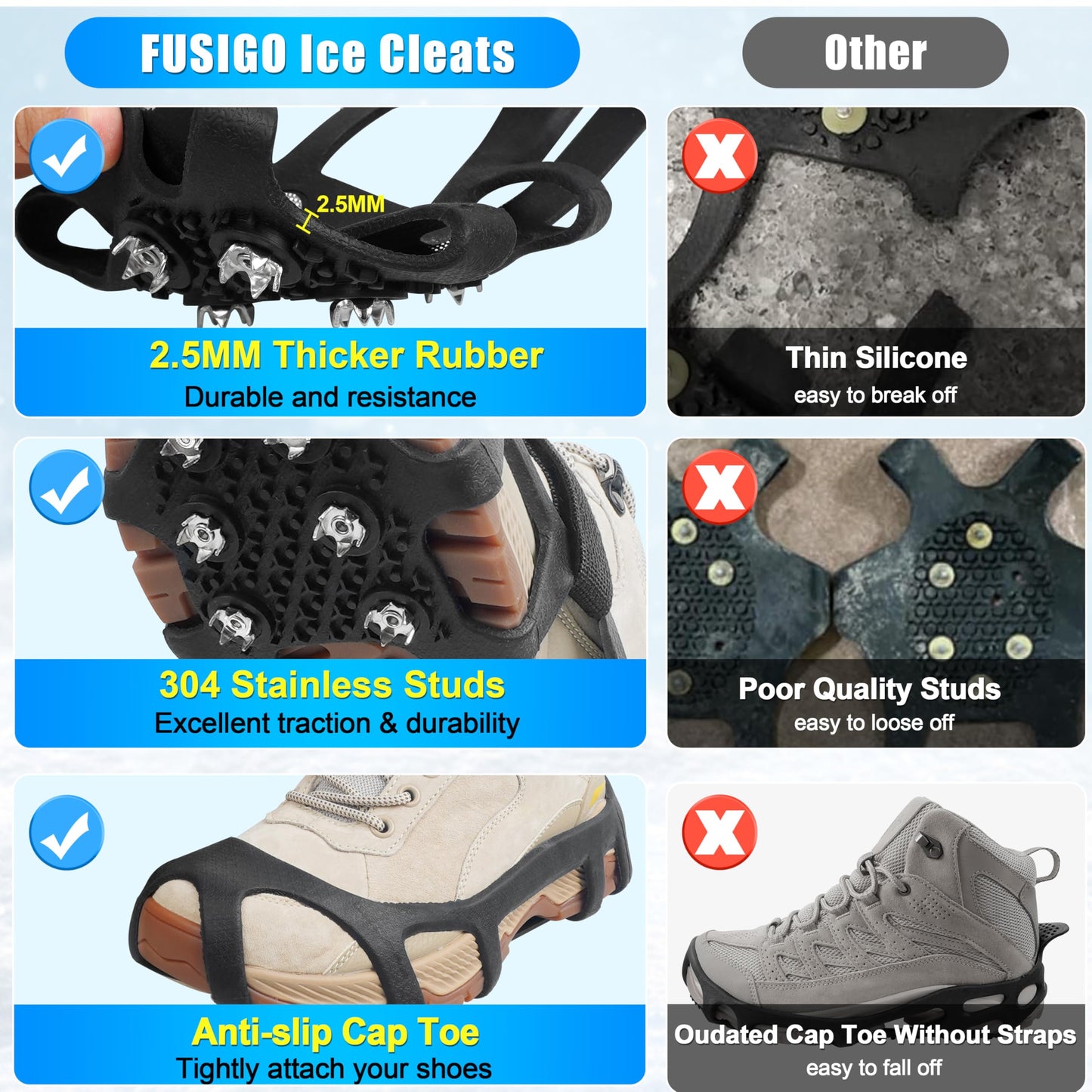 Ice Cleats for Shoes and Boots Snow Traction Cleats Crampons for Snow and Ice Women Men Kids Non Slip Snow Cleats Grippers Winter Walking Hiking Climbing Ice Fishing XL
